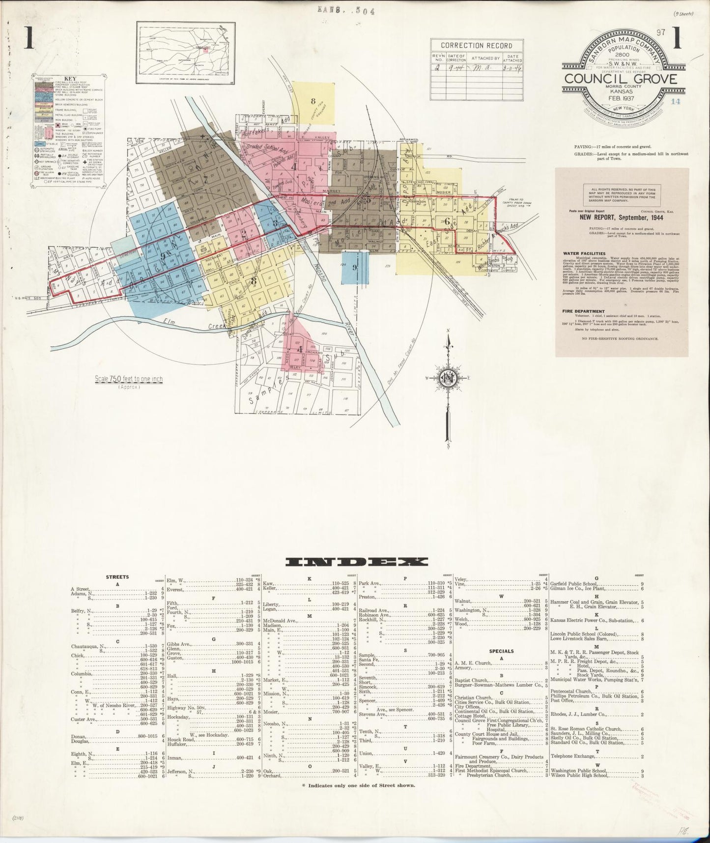 Sanborn Fire Insurance Map from Council Grove, Morris County, Kansas (1944), Sheet #0001 - Historic Sanborn Fire Insurance Map Print, vintage old map wall art, antique decor, genealogy gift, Kansas Kansas map