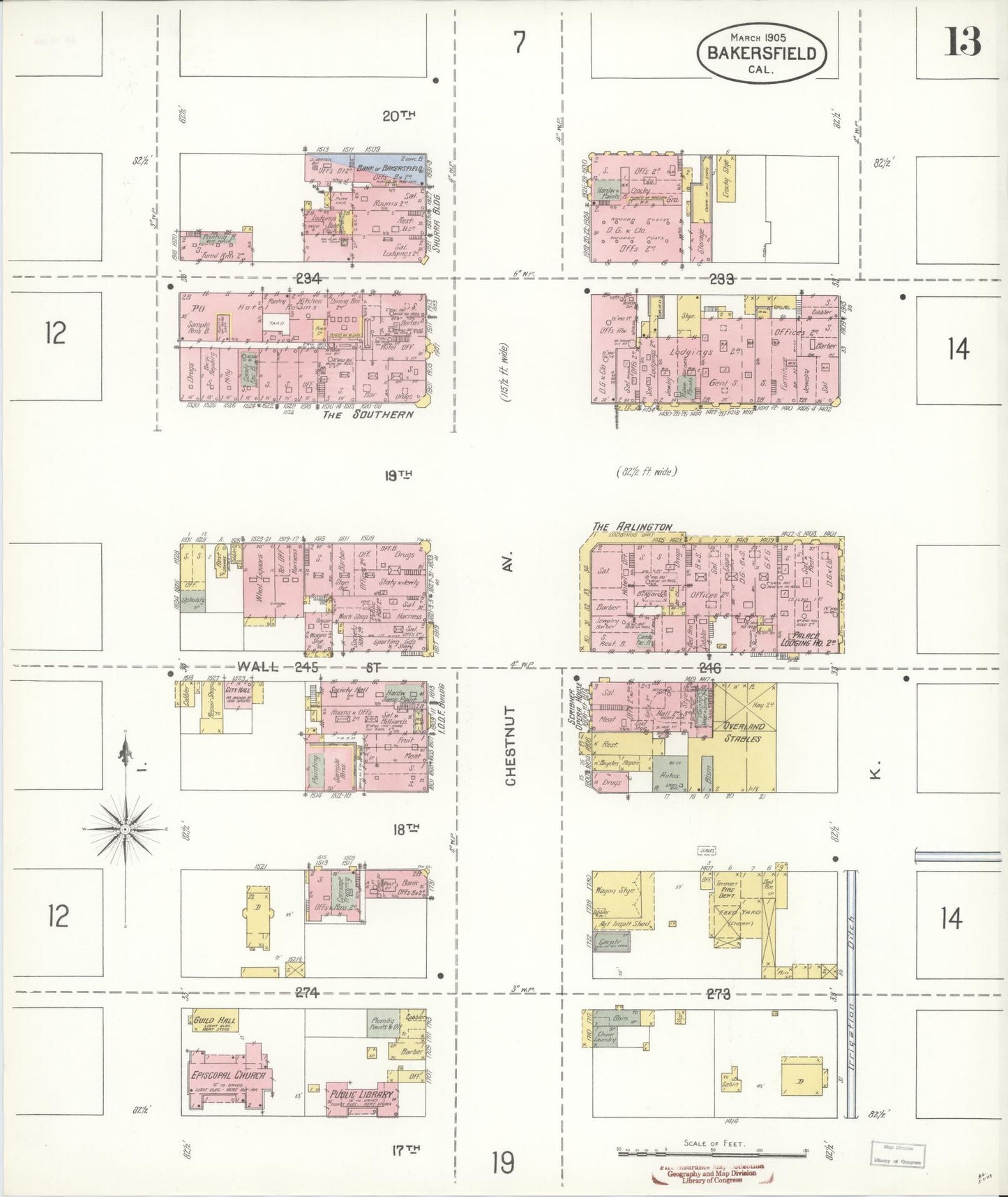 Sanborn Fire Insurance Map from Bakersfield, Kern County, California (1905), Sheet #0013 - Historic Sanborn Fire Insurance Map Print, vintage old map wall art, antique decor, genealogy gift, California California map