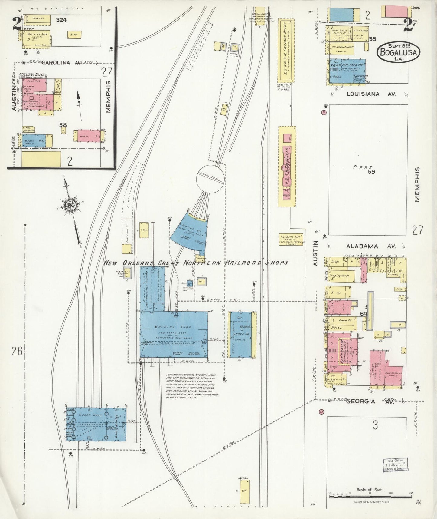 Sanborn Fire Insurance Map from Bogalusa, Washington Parish, Louisiana (1925), Sheet #0002 - Historic Sanborn Fire Insurance Map Print, vintage old map wall art, antique decor, genealogy gift, Louisiana Louisiana map