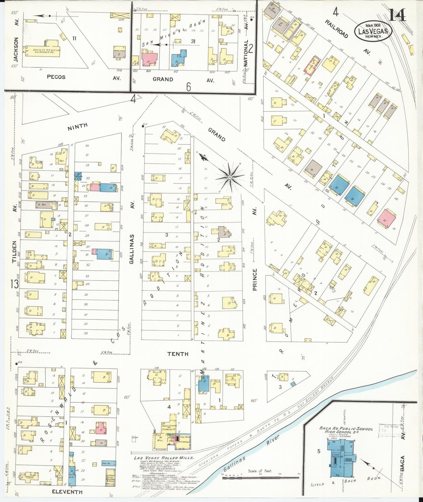 Sanborn Fire Insurance Map from Las Vegas, San Miguel County, New Mexico (1908), Sheet #0014 - Historic Sanborn Fire Insurance Map Print, vintage old map wall art, antique decor, genealogy gift, New Mexico New Mexico map