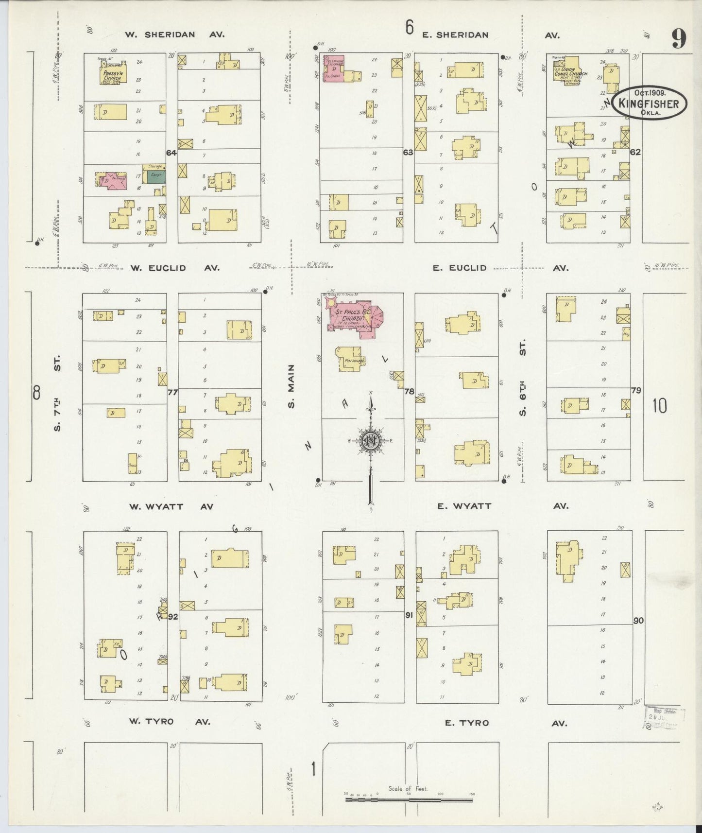Sanborn Fire Insurance Map from Kingfisher, Kingfisher County, Oklahoma (1909), Sheet #0009 - Historic Sanborn Fire Insurance Map Print, vintage old map wall art, antique decor, genealogy gift, Oklahoma Oklahoma map