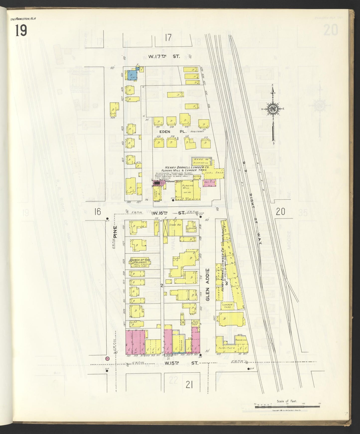 Sanborn Fire Insurance Map from Anniston, Calhoun County, Alabama (1925), Sheet #0019 - Historic Sanborn Fire Insurance Map Print, vintage old map wall art, antique decor, genealogy gift, Alabama Alabama map