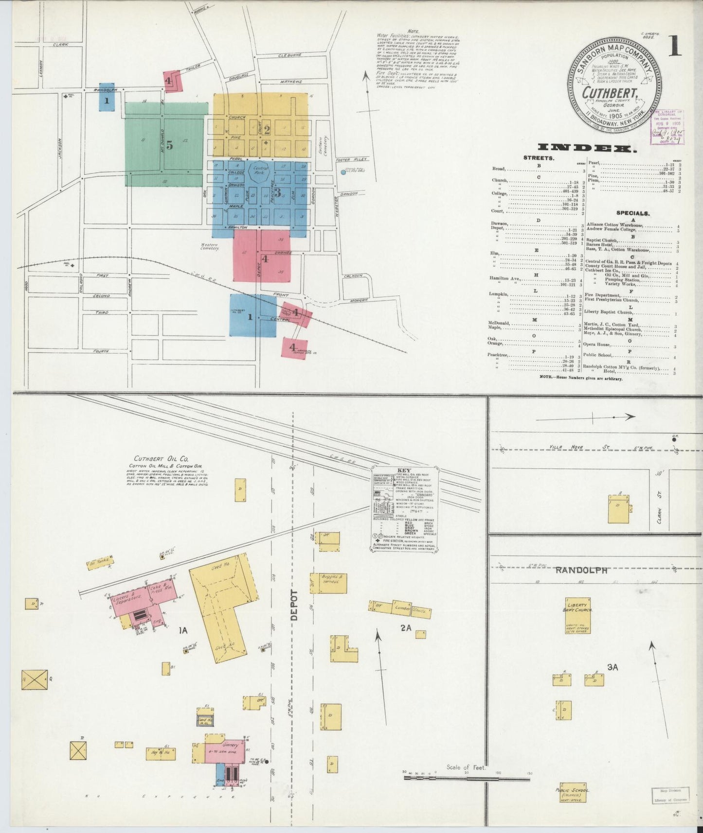 Sanborn Fire Insurance Map from Cuthbert, Randolph County, Georgia (1905), Sheet #0001 - Historic Sanborn Fire Insurance Map Print, vintage old map wall art, antique decor, genealogy gift, Georgia Georgia map