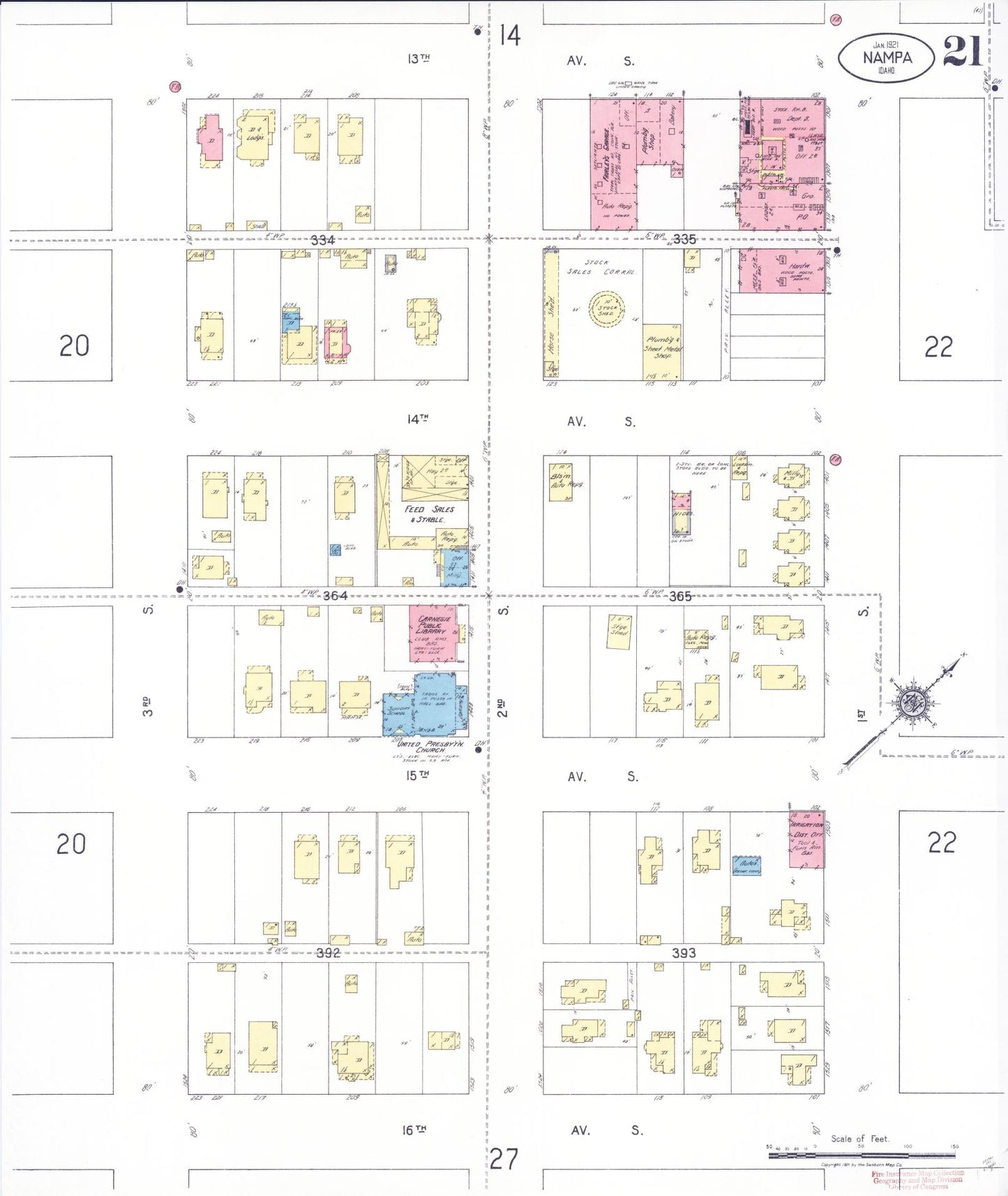 Sanborn Fire Insurance Map from Nampa, Canyon County, Idaho (1921), Sheet #0021 - Historic Sanborn Fire Insurance Map Print, vintage old map wall art, antique decor, genealogy gift, Idaho Idaho map