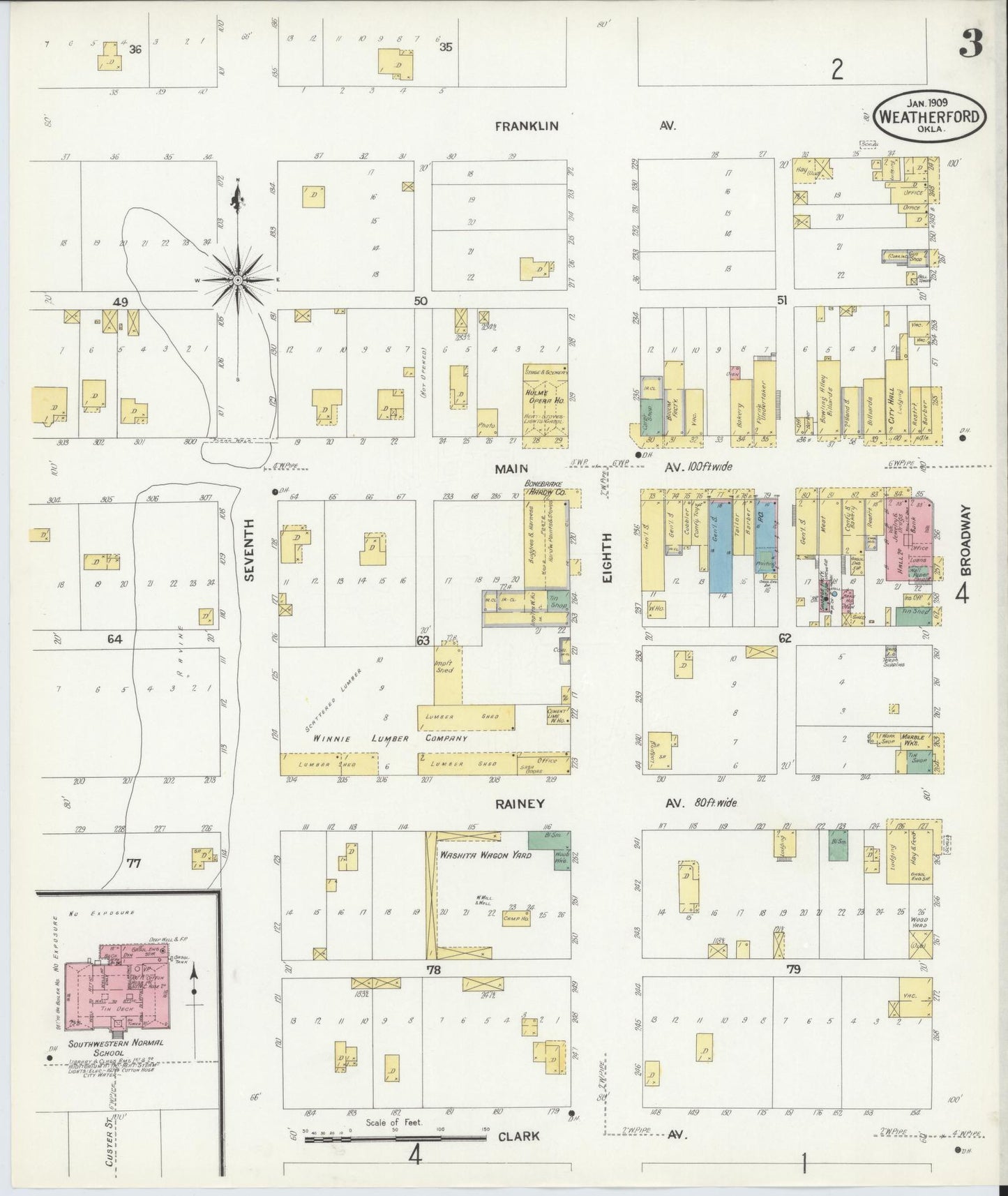 Sanborn Fire Insurance Map from Weatherford, Custer County, Oklahoma (1909), Sheet #0003 - Historic Sanborn Fire Insurance Map Print, vintage old map wall art, antique decor, genealogy gift, Oklahoma Oklahoma map