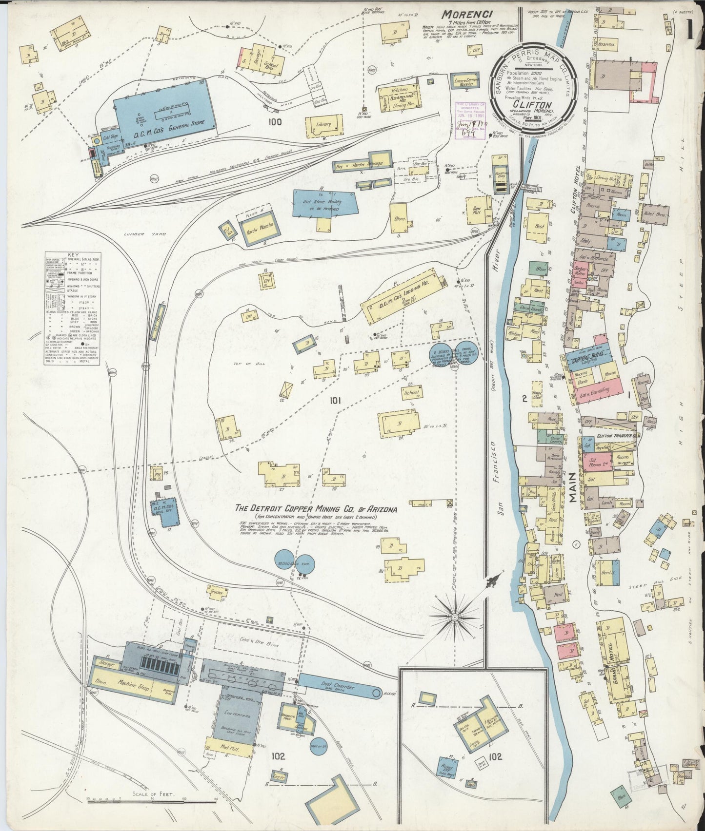 Sanborn Fire Insurance Map from Clifton, Greenlee County, Arizona (1901), Sheet #0001 - Historic Sanborn Fire Insurance Map Print, vintage old map wall art, antique decor, genealogy gift, Arizona Arizona map