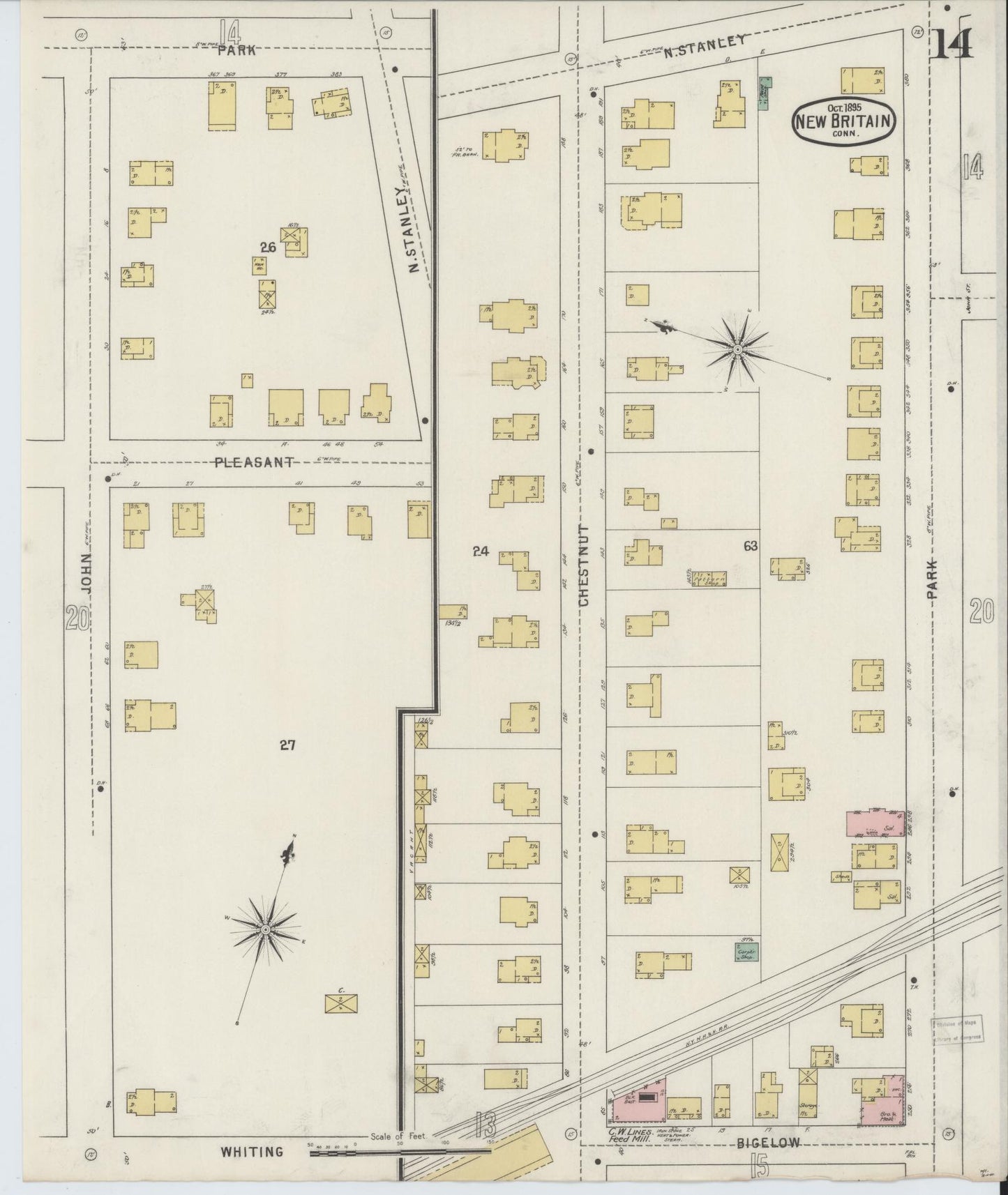 Sanborn Fire Insurance Map from New Britain, Hartford County, Connecticut (1895), Sheet #0014 - Historic Sanborn Fire Insurance Map Print, vintage old map wall art, antique decor, genealogy gift, Connecticut Connecticut map