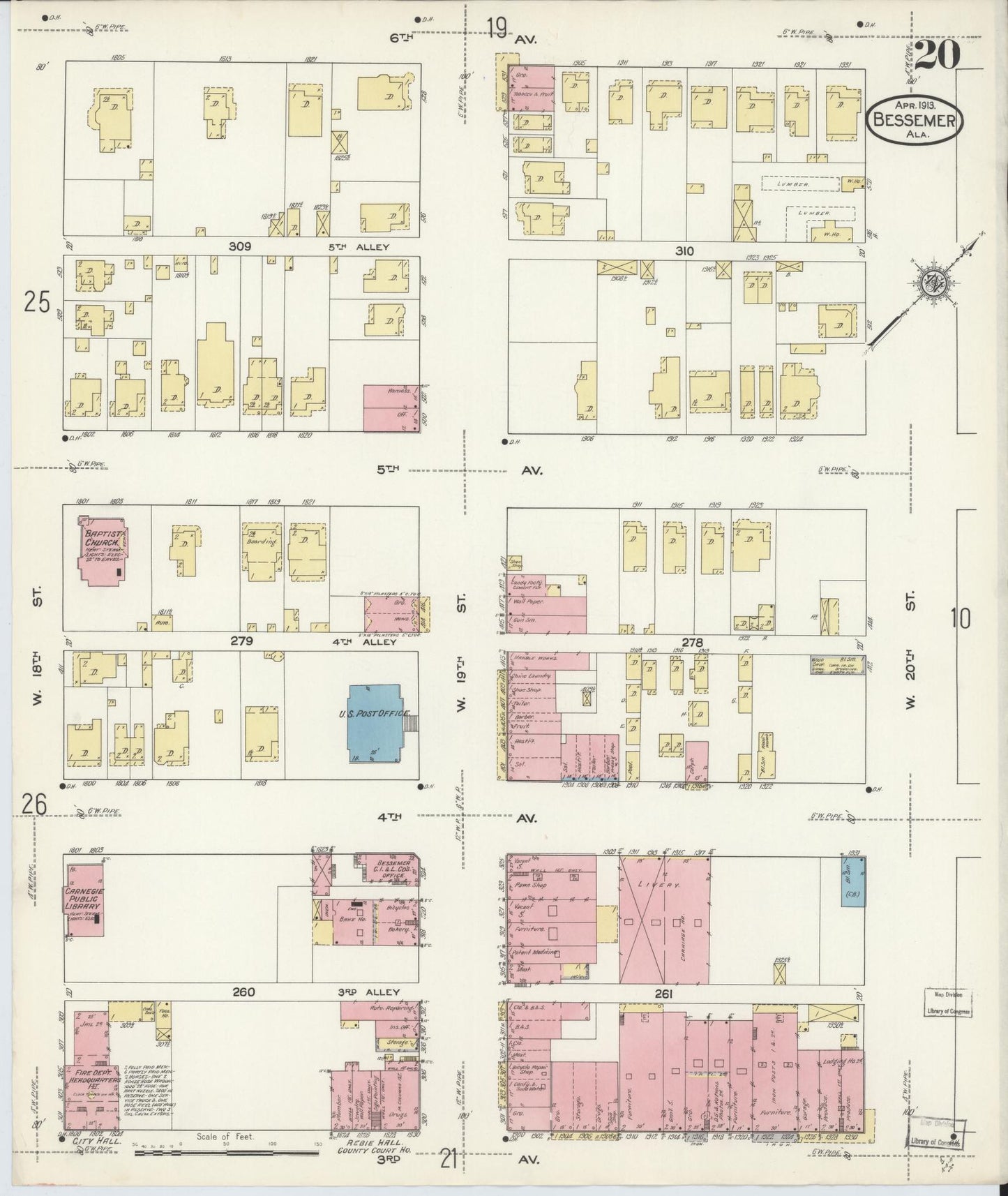 Sanborn Fire Insurance Map from Bessemer, Jefferson County, Alabama (1913), Sheet #0020 - Historic Sanborn Fire Insurance Map Print, vintage old map wall art, antique decor, genealogy gift, Alabama Alabama map