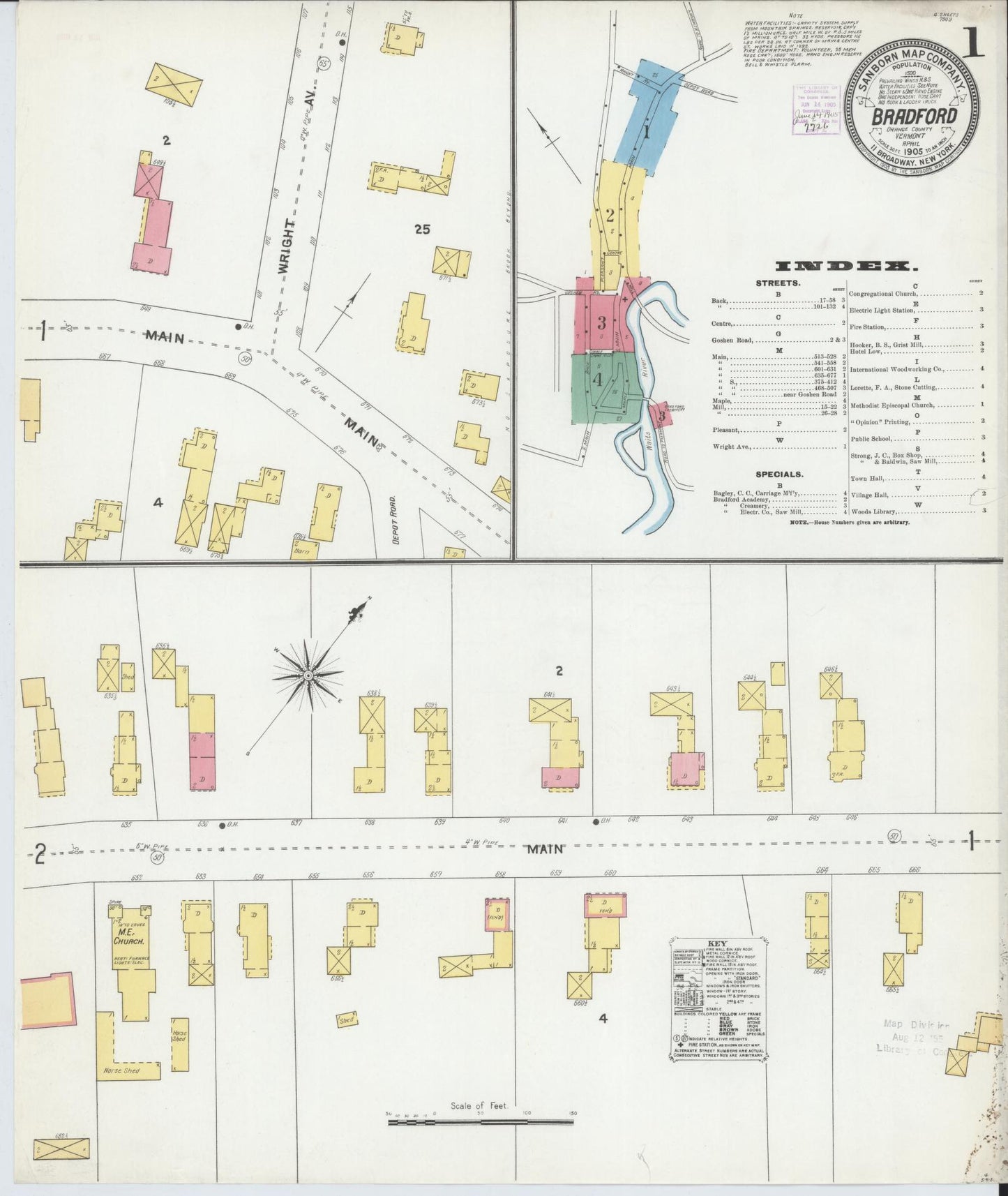Sanborn Fire Insurance Map from Bradford, Orange County, Vermont (1905), Sheet #0001 - Historic Sanborn Fire Insurance Map Print, vintage old map wall art, antique decor, genealogy gift, Vermont Vermont map