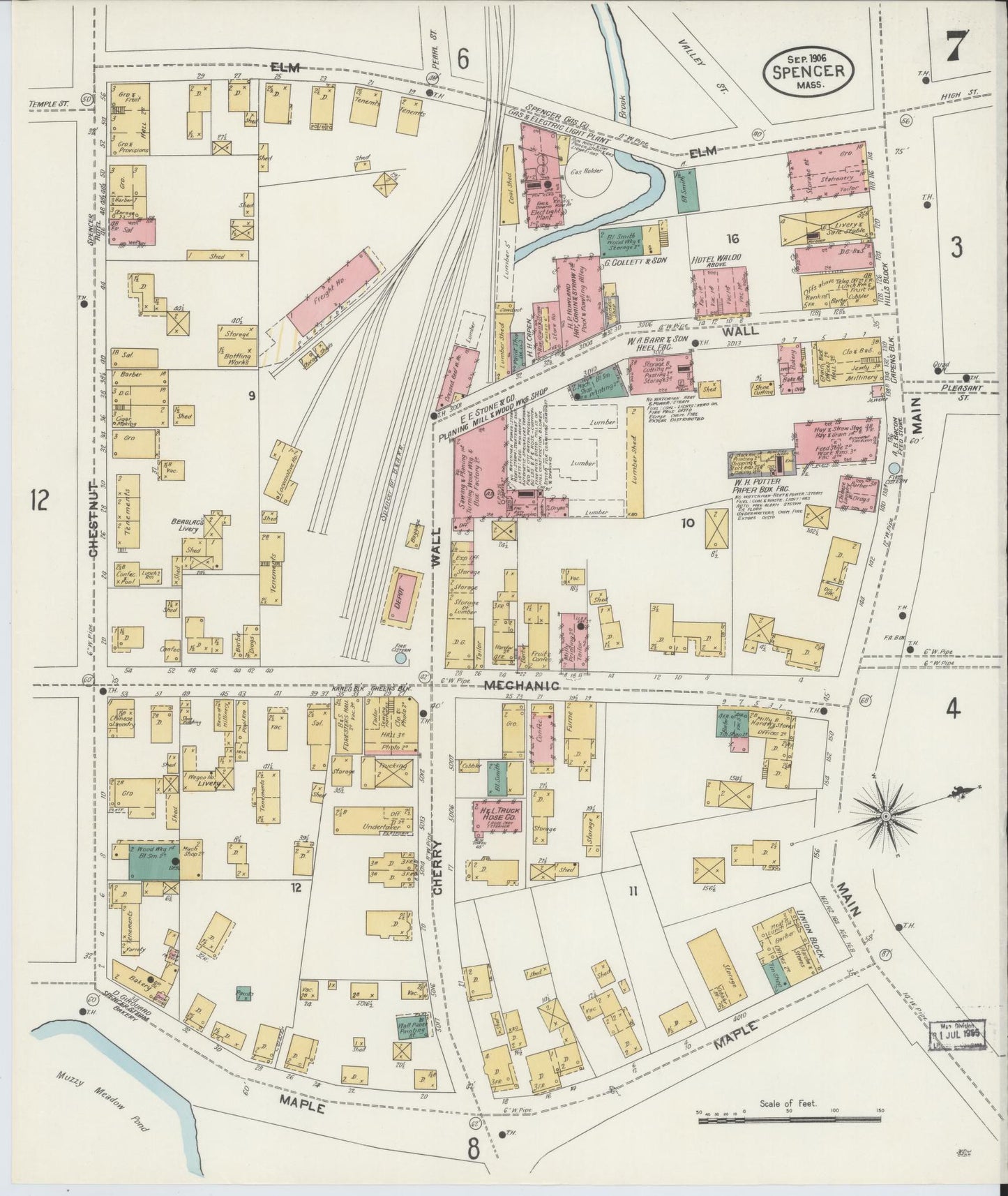 Sanborn Fire Insurance Map from Spencer, Worcester County, Massachusetts (1906), Sheet #0007 - Historic Sanborn Fire Insurance Map Print, vintage old map wall art, antique decor, genealogy gift, Massachusetts Massachusetts map