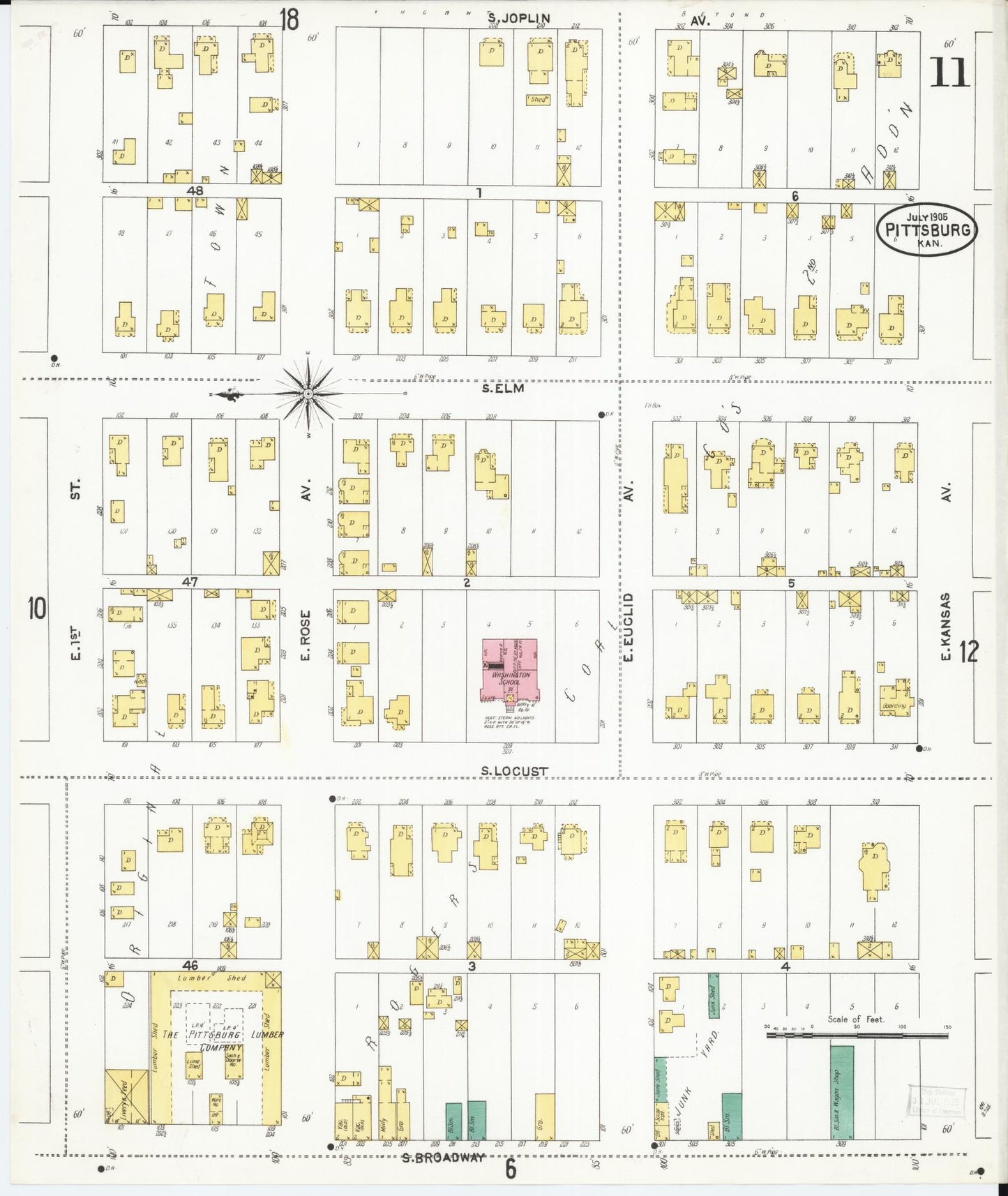 Sanborn Fire Insurance Map from Pittsburg, Crawford County, Kansas (1905), Sheet #0011 - Historic Sanborn Fire Insurance Map Print, vintage old map wall art, antique decor, genealogy gift, Kansas Kansas map