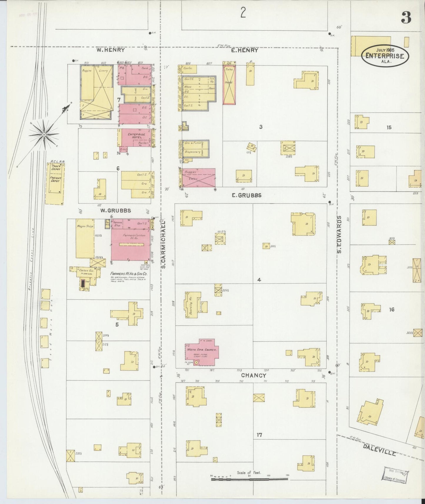 Sanborn Fire Insurance Map from Enterprise, Coffee County, Alabama (1905), Sheet #0003 - Complete Map Set gallery image, historic Sanborn map, vintage wall art, Alabama Alabama
