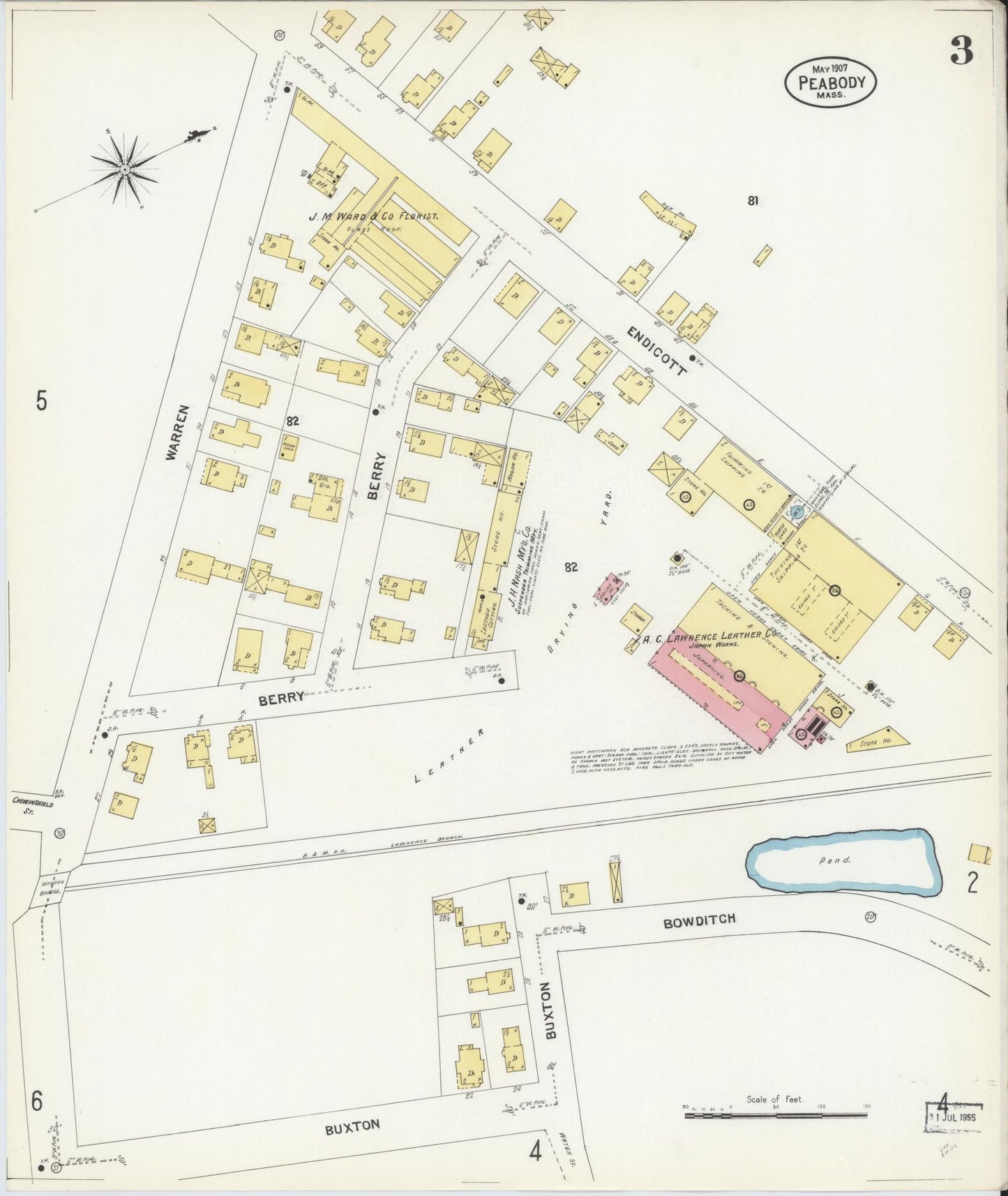 Sanborn Fire Insurance Map from Peabody, Essex County, Massachusetts (1907), Sheet #0003 - Historic Sanborn Fire Insurance Map Print, vintage old map wall art, antique decor, genealogy gift, Massachusetts Massachusetts map