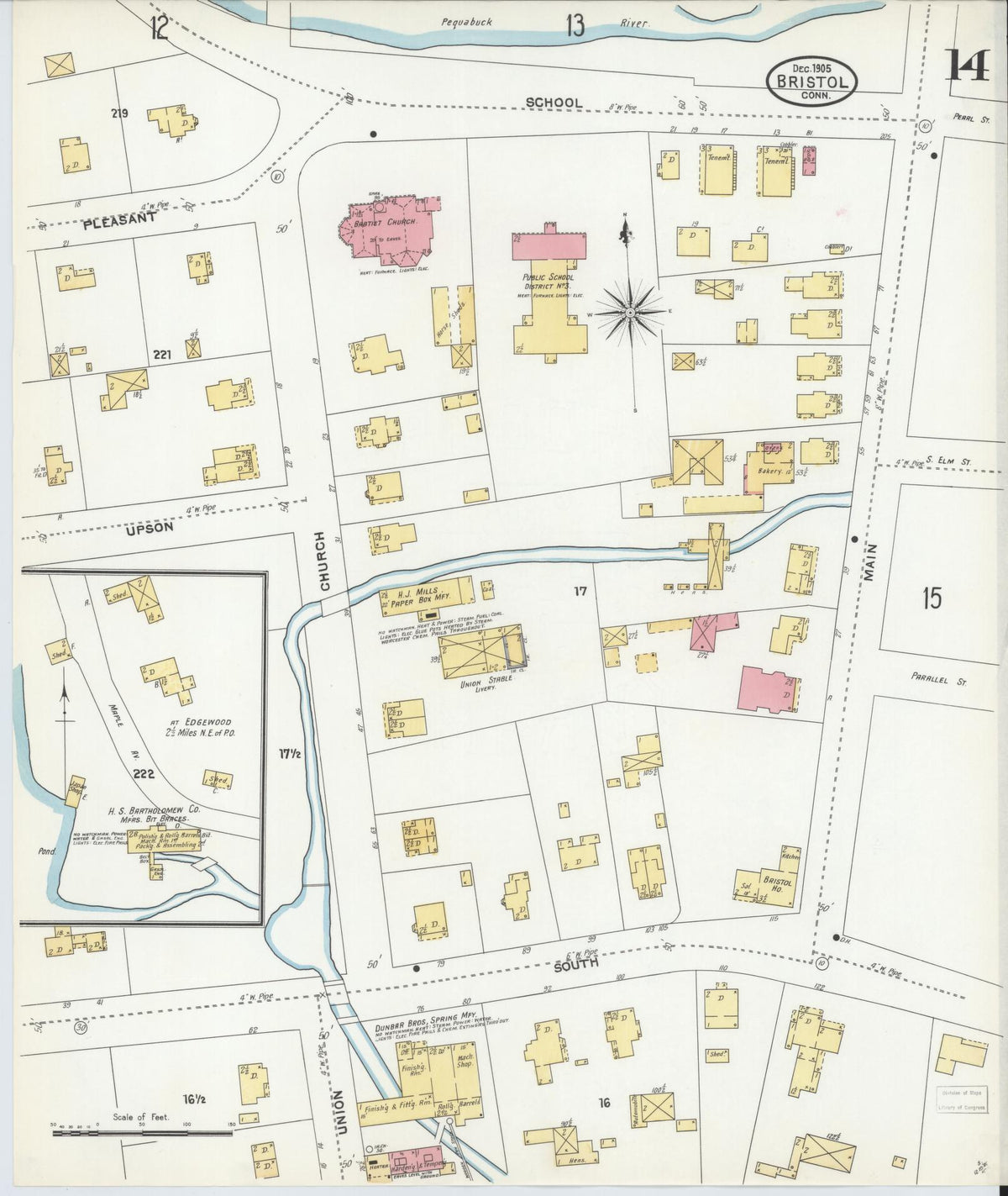 Sanborn Fire Insurance Map from Bristol, Hartford County, Connecticut (1905), Sheet #0014 - Historic Sanborn Fire Insurance Map Print, vintage old map wall art, antique decor, genealogy gift, Connecticut Connecticut map