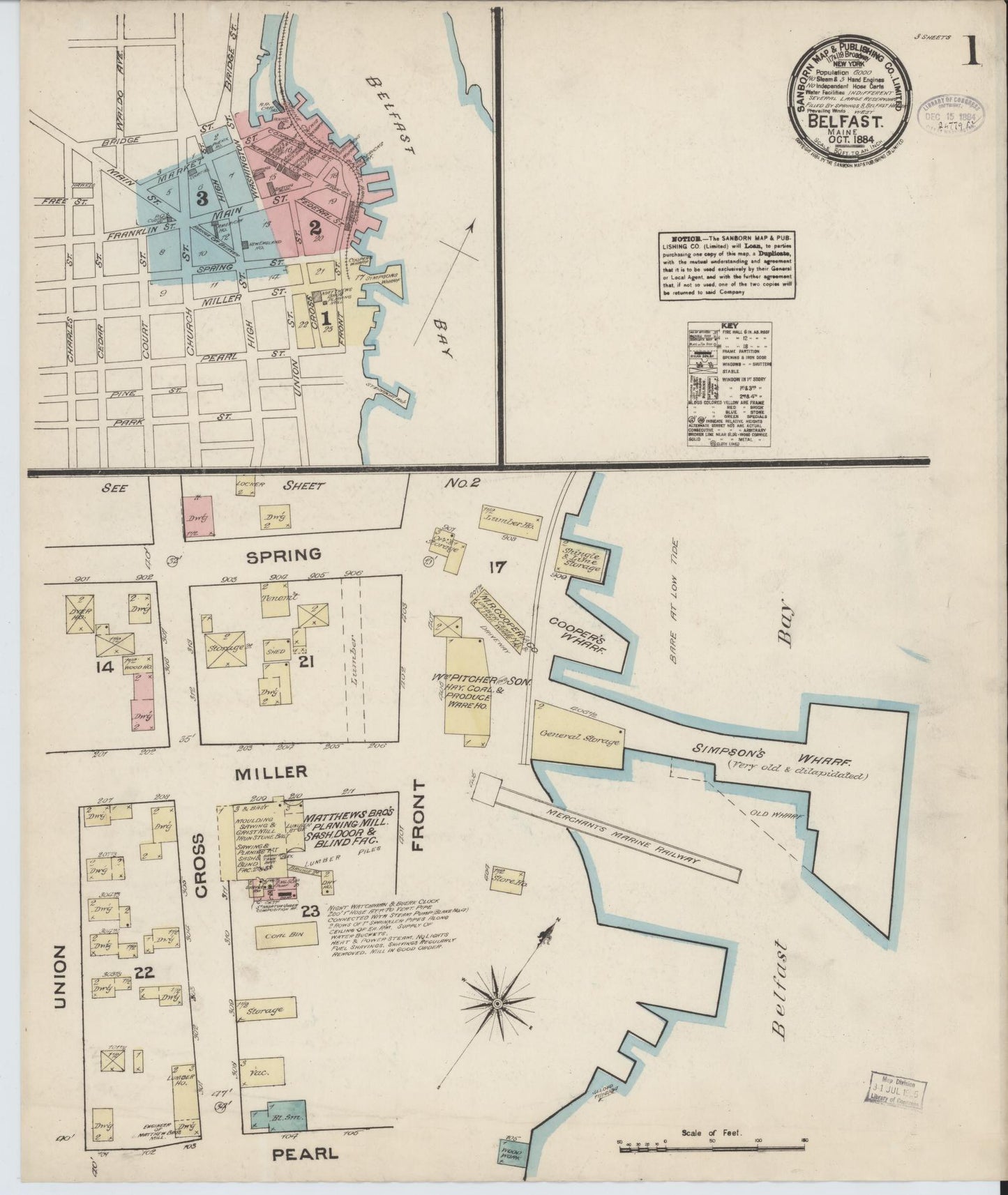 Sanborn Fire Insurance Map from Belfast, Waldo County, Maine (1884), Sheet #0001 - Historic Sanborn Fire Insurance Map Print, vintage old map wall art, antique decor, genealogy gift, Maine Maine map