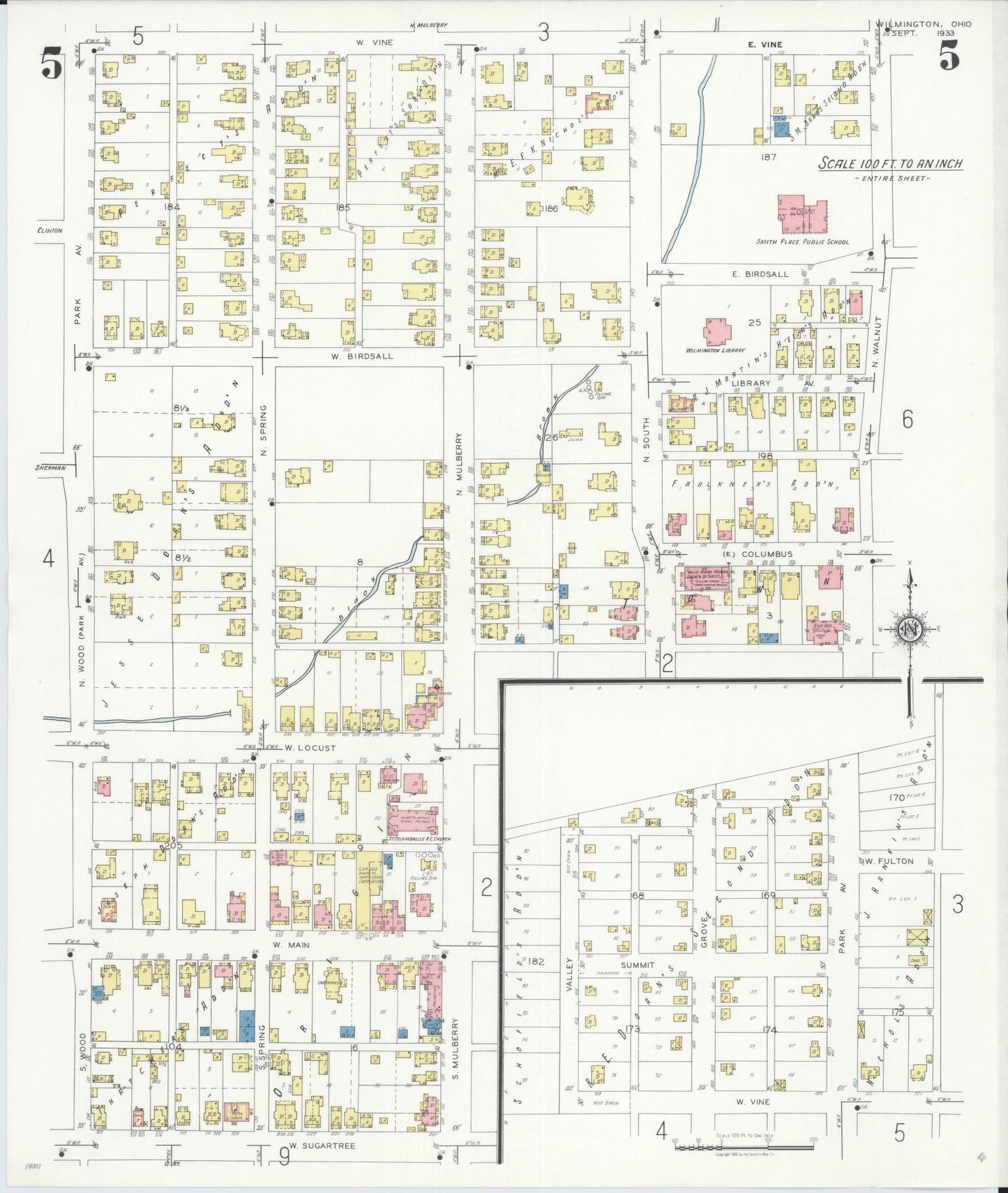 Sanborn Fire Insurance Map from Wilmington, Clinton County, Ohio (1933), Sheet #0005 - Historic Sanborn Fire Insurance Map Print, vintage old map wall art, antique decor, genealogy gift, Ohio Ohio map
