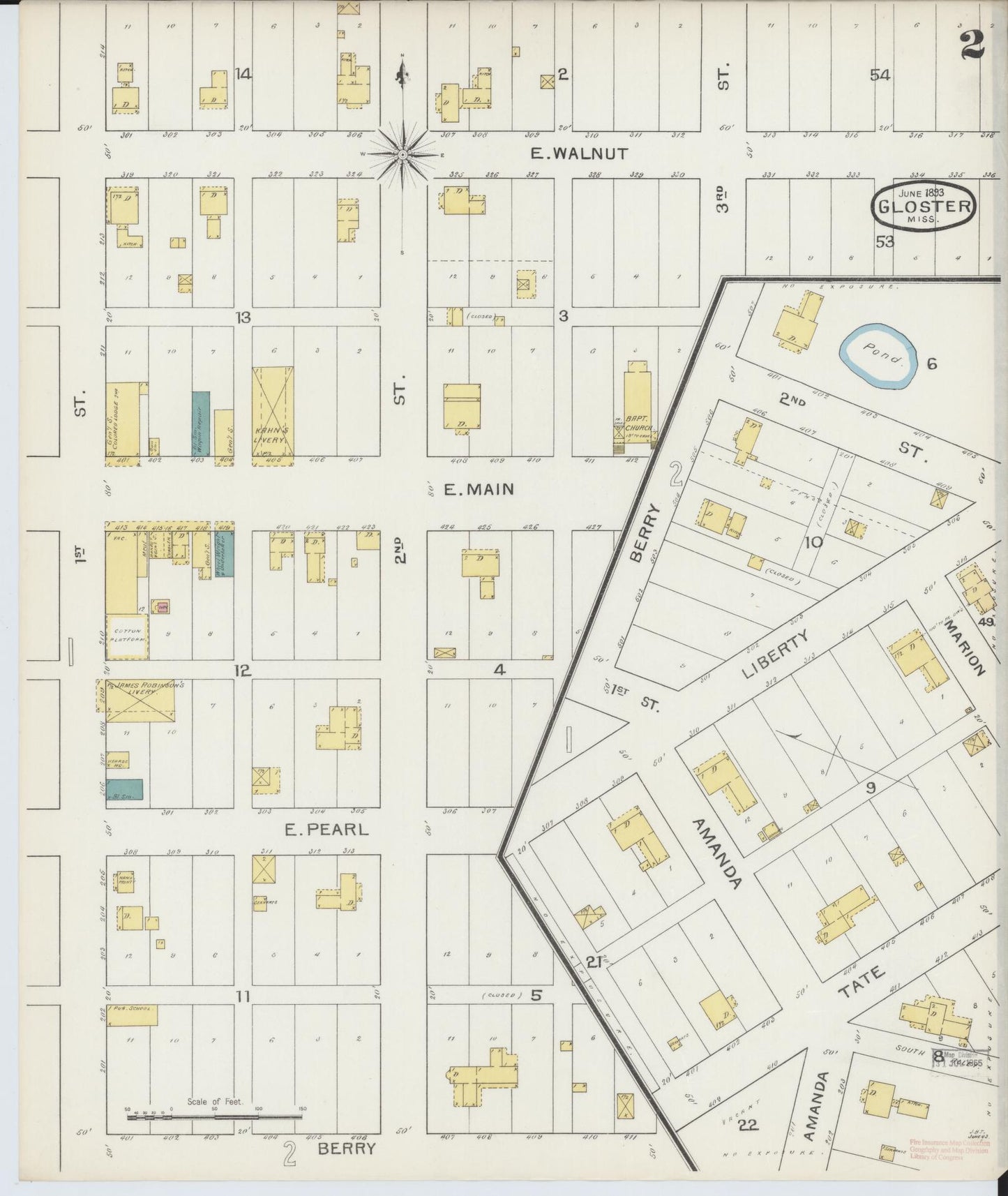 Sanborn Fire Insurance Map from Gloster, Amite County, Mississippi (1893), Sheet #0002 - Historic Sanborn Fire Insurance Map Print, vintage old map wall art, antique decor, genealogy gift, Mississippi Mississippi map