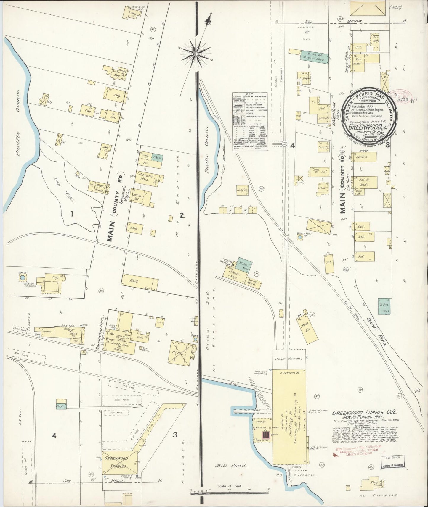 Sanborn Fire Insurance Map from Greenwood, Mendocino County, California (1891), Sheet #0001 - Historic Sanborn Fire Insurance Map Print, vintage old map wall art, antique decor, genealogy gift, California California map