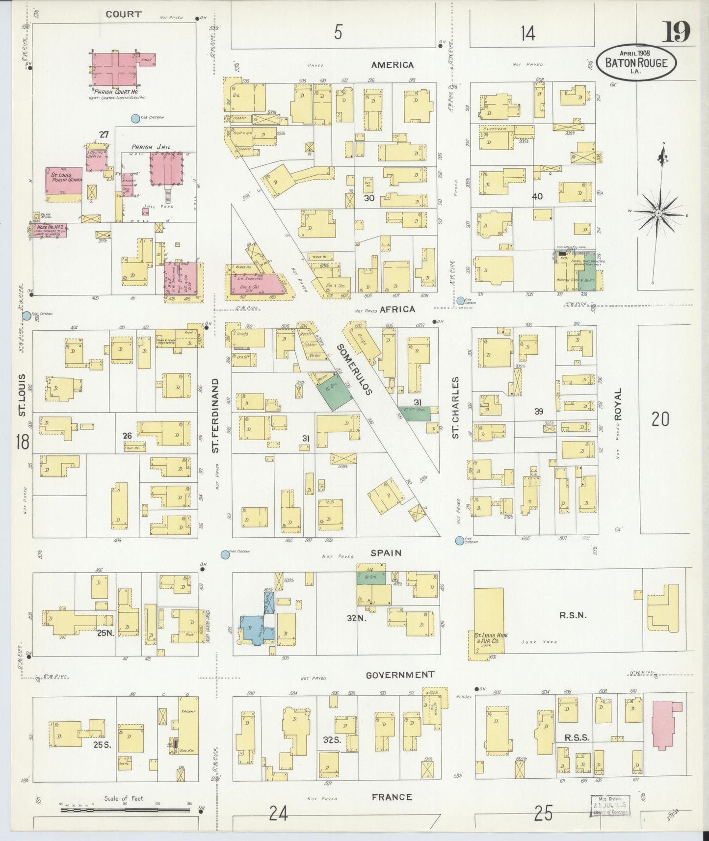 Sanborn Fire Insurance Map from Baton Rouge, East Baton Rouge Parish, Louisiana (1908), Sheet #0019 - Historic Sanborn Fire Insurance Map Print, vintage old map wall art, antique decor, genealogy gift, Louisiana Louisiana map
