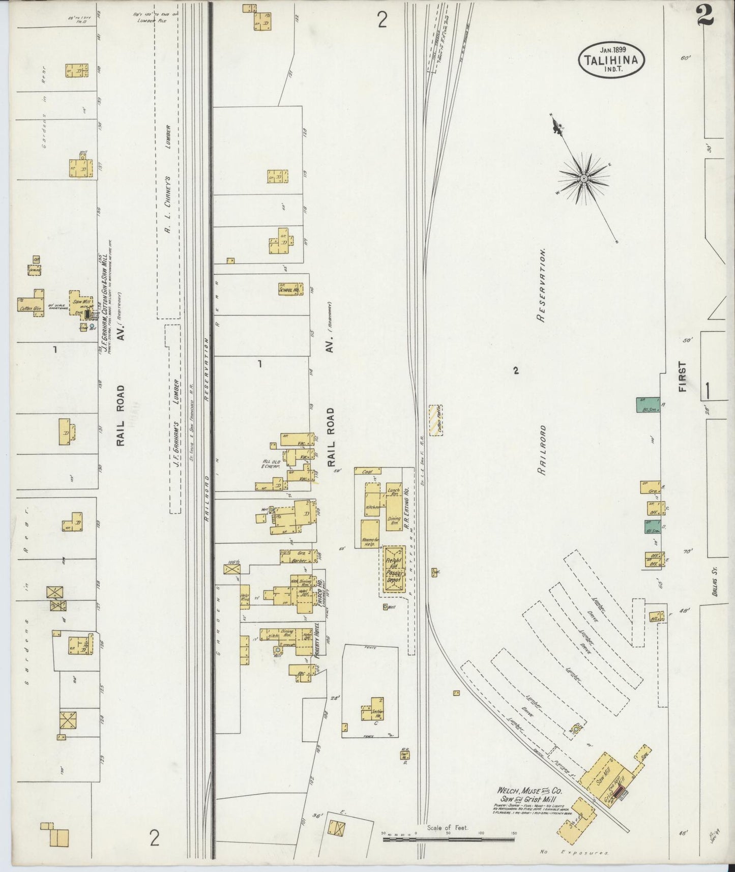 Sanborn Fire Insurance Map from Talihina, Le Flore County, Oklahoma (1899), Sheet #0002 - Complete Map Set gallery image, historic Sanborn map, vintage wall art, Oklahoma Oklahoma