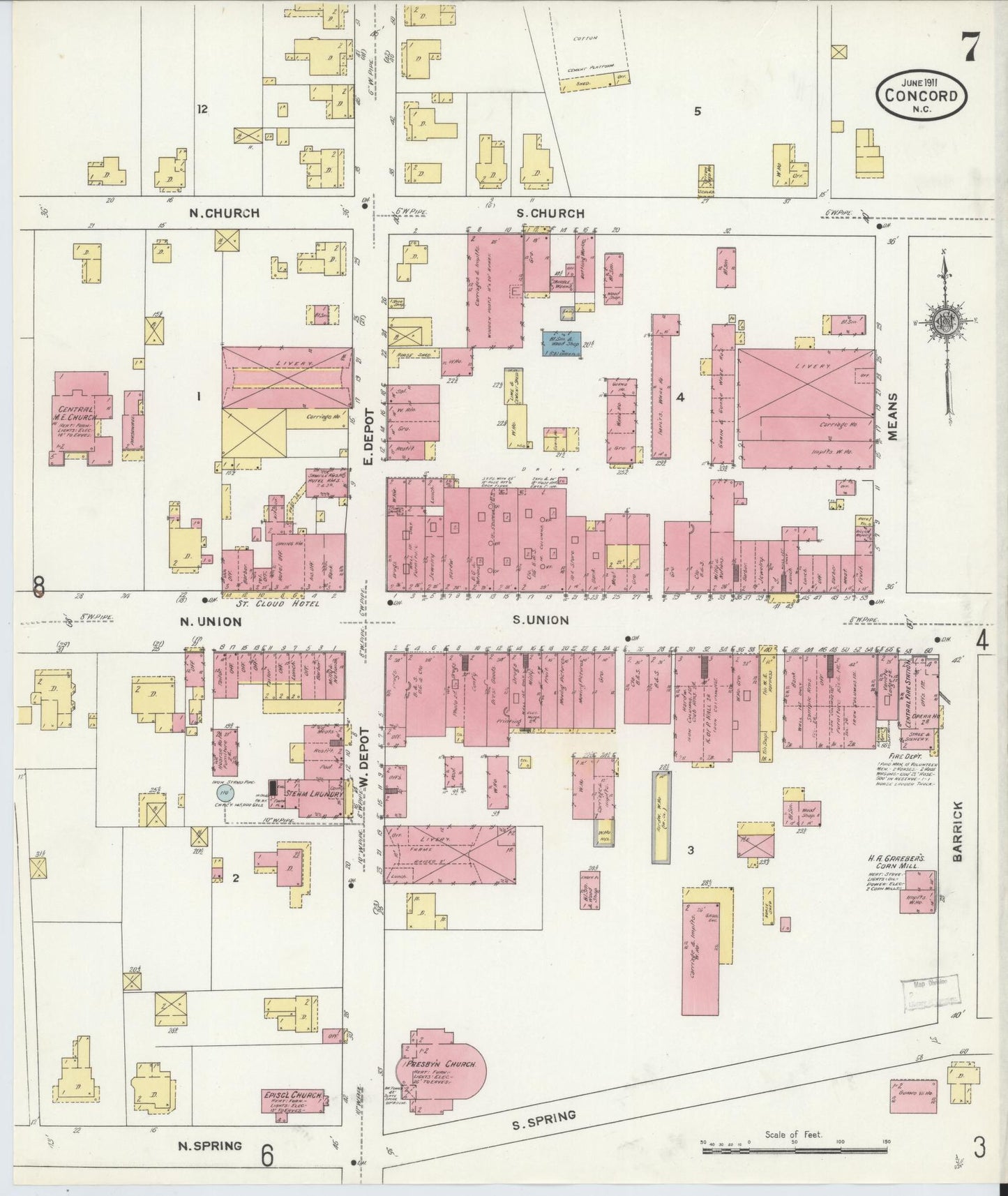 Sanborn Fire Insurance Map from Concord, Cabarrus County, North Carolina (1911), Sheet #0007 - Historic Sanborn Fire Insurance Map Print, vintage old map wall art, antique decor, genealogy gift, North Carolina North Carolina map