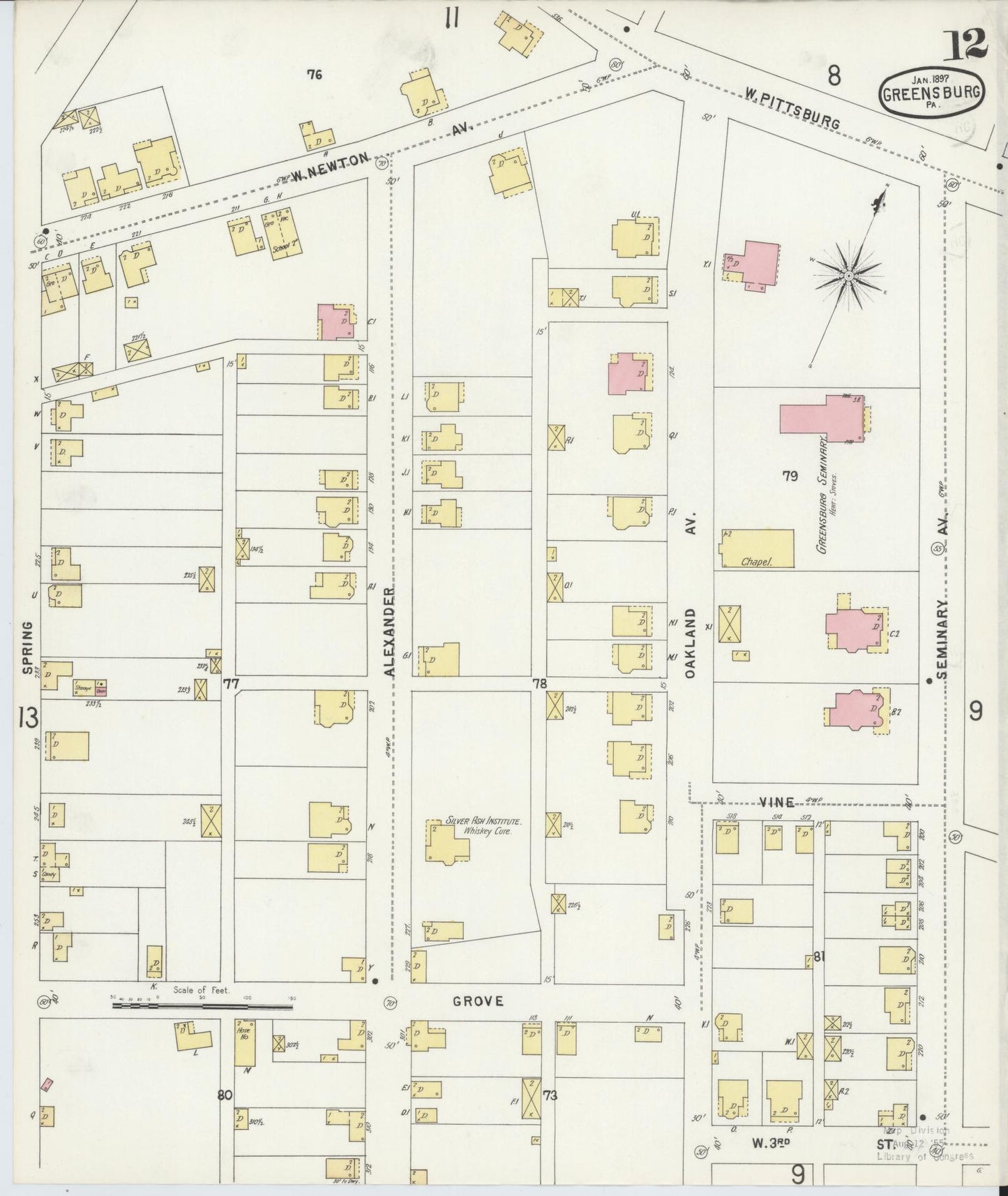 Sanborn Fire Insurance Map from Greensburg, Westmoreland County, Pennsylvania (1897), Sheet #0012 - Historic Sanborn Fire Insurance Map Print, vintage old map wall art, antique decor, genealogy gift, Pennsylvania Pennsylvania map