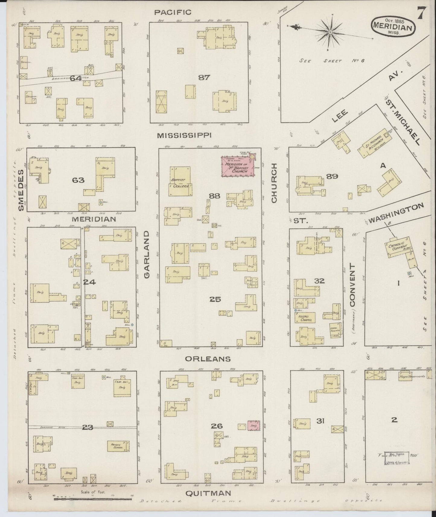 Sanborn Fire Insurance Map from Meridian, Lauderdale County, Mississippi (1885), Sheet #0007 - Historic Sanborn Fire Insurance Map Print, vintage old map wall art, antique decor, genealogy gift, Mississippi Mississippi map