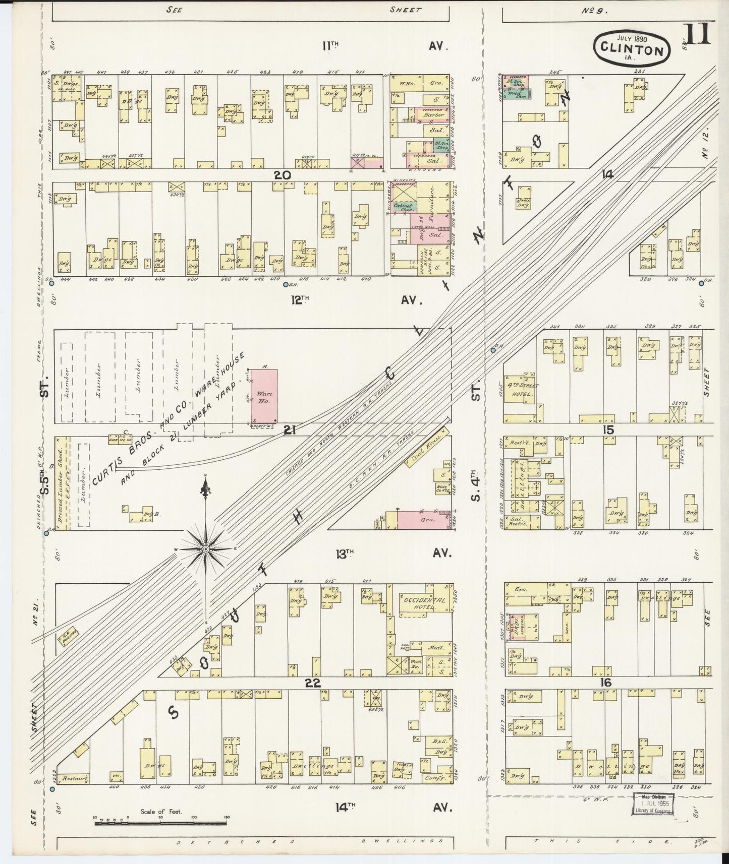 Sanborn Fire Insurance Map from Clinton, Clinton County, Iowa (1890), Sheet #0011 - Historic Sanborn Fire Insurance Map Print, vintage old map wall art