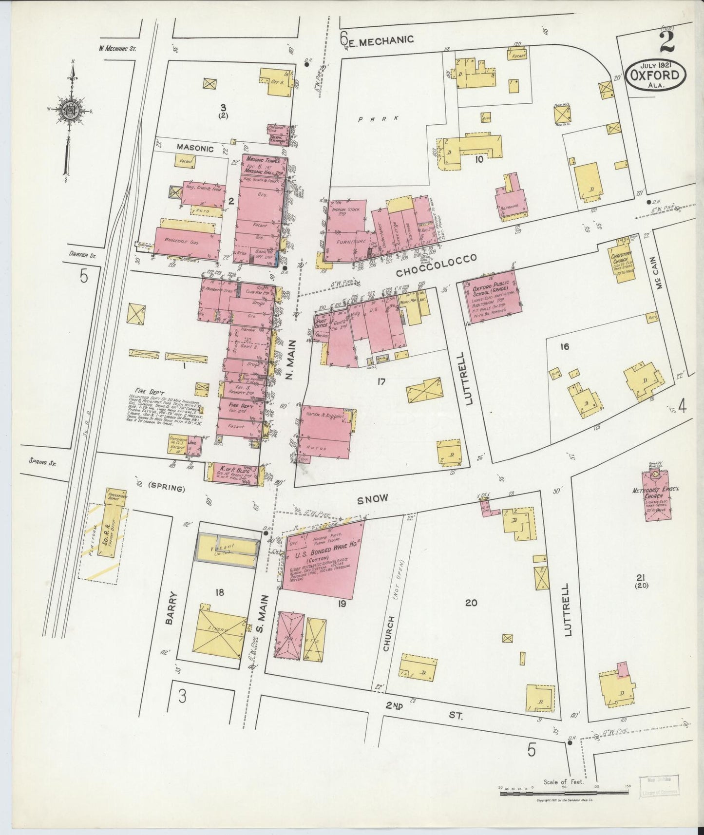 Sanborn Fire Insurance Map from Oxford, Calhoun County, Alabama (1921), Sheet #0002 - Historic Sanborn Fire Insurance Map Print, vintage old map wall art, antique decor, genealogy gift, Alabama Alabama map