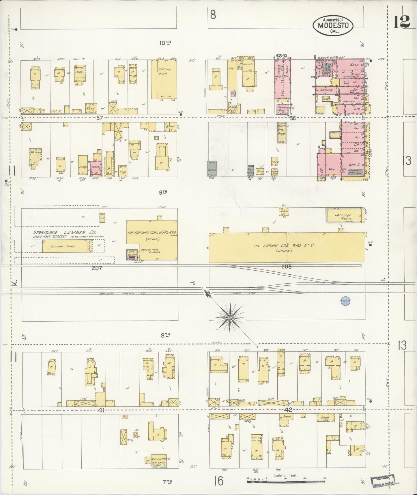 Sanborn Fire Insurance Map from Modesto, Stanislaus County, California (1907), Sheet #0012 - Historic Sanborn Fire Insurance Map Print, vintage old map wall art, antique decor, genealogy gift, California California map