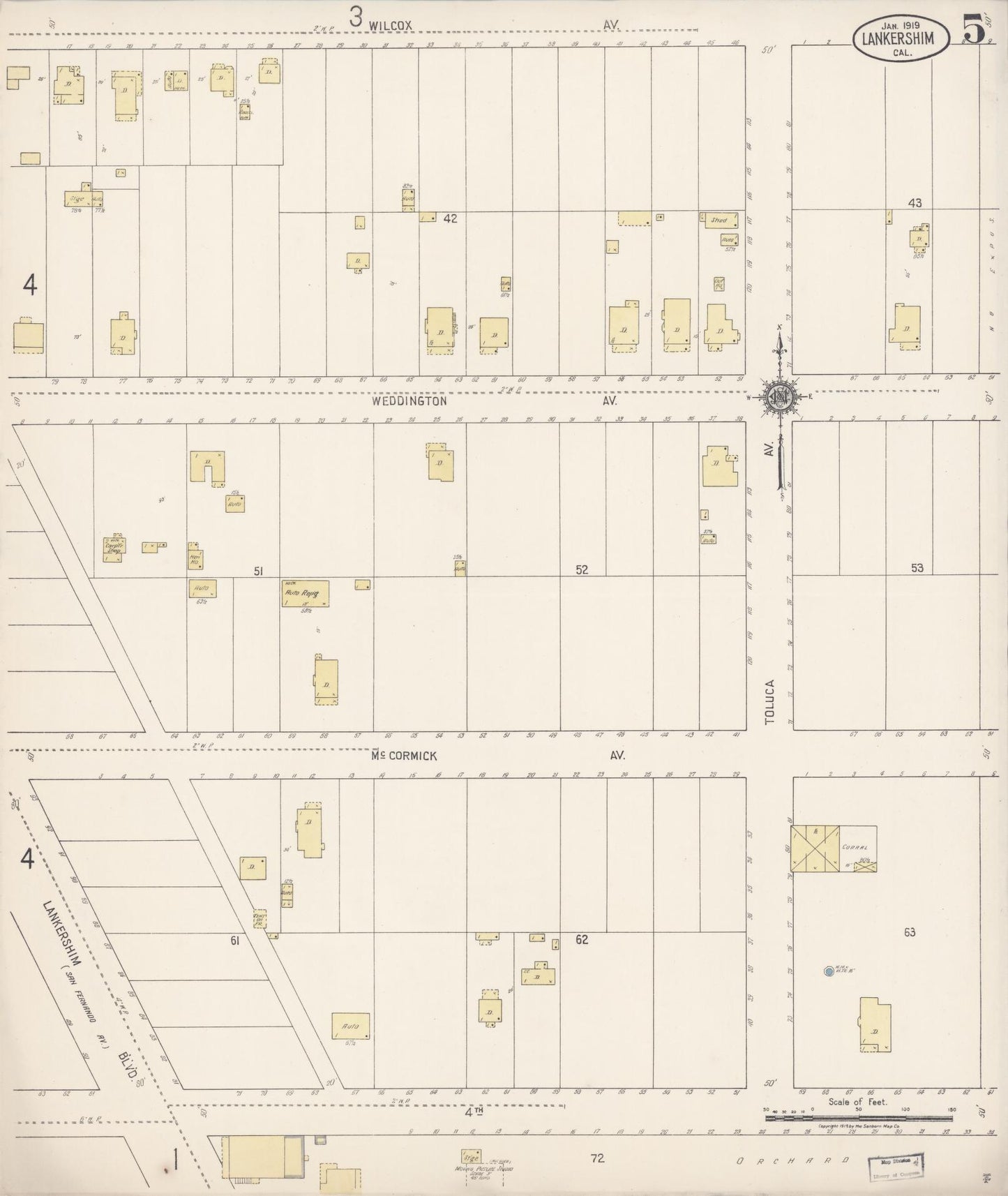 Sanborn Fire Insurance Map from Lankershim, Los Angeles County, California (1919), Sheet #0005 - Historic Sanborn Fire Insurance Map Print, vintage old map wall art, antique decor, genealogy gift, California California map