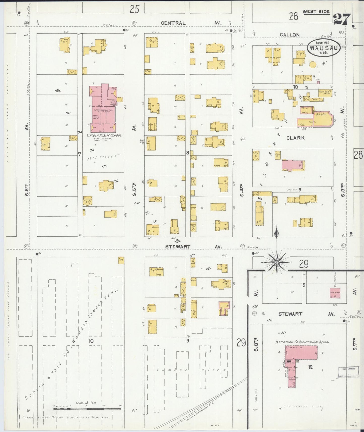Sanborn Fire Insurance Map from Wausau, Marathon County, Wisconsin (1904), Sheet #0027 - Historic Sanborn Fire Insurance Map Print, vintage old map wall art, antique decor, genealogy gift, Wisconsin Wisconsin map