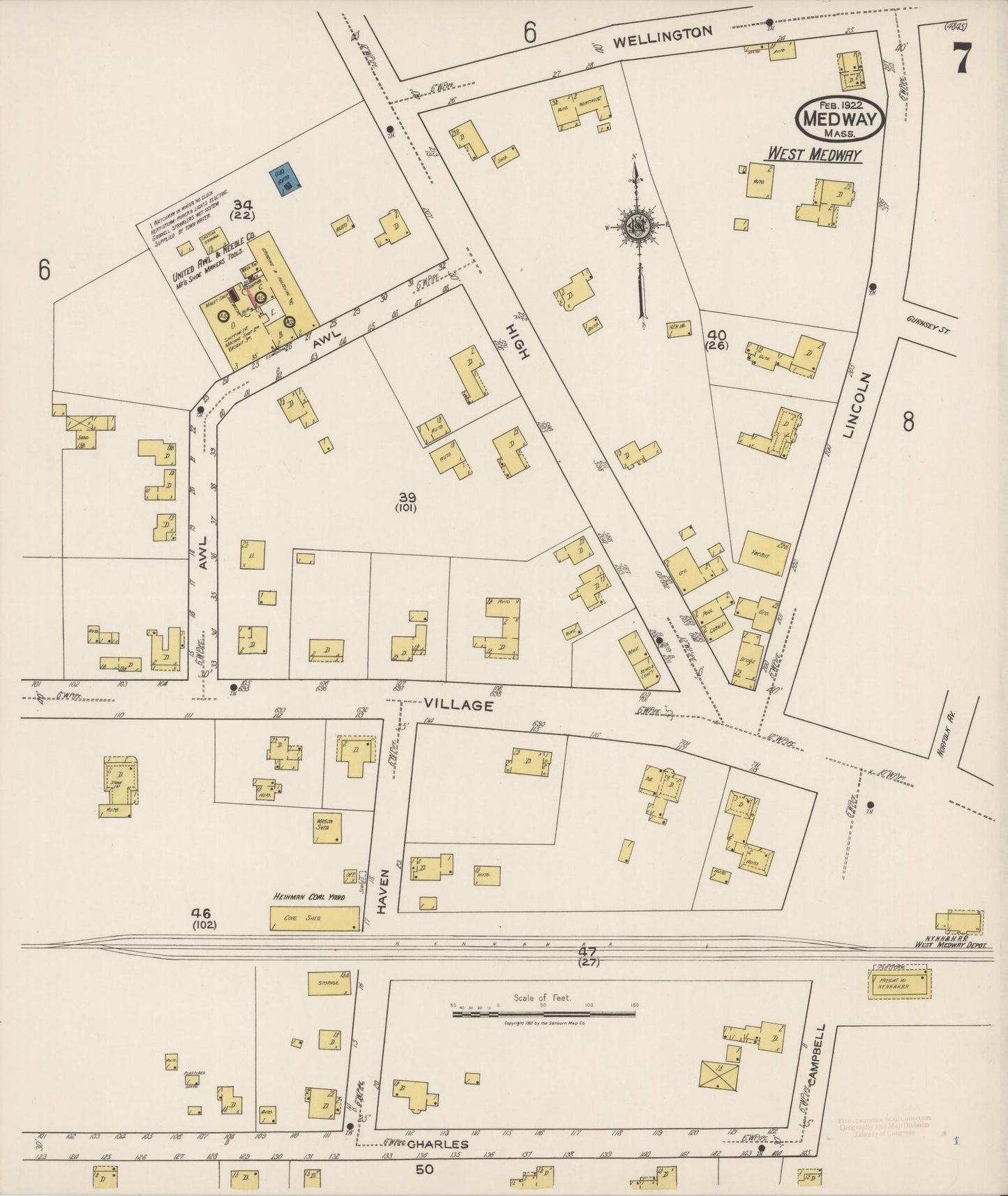 Sanborn Fire Insurance Map from Medway, Norfolk County, Massachusetts (1922), Sheet #0007 - Historic Sanborn Fire Insurance Map Print, vintage old map wall art, antique decor, genealogy gift, Massachusetts Massachusetts map