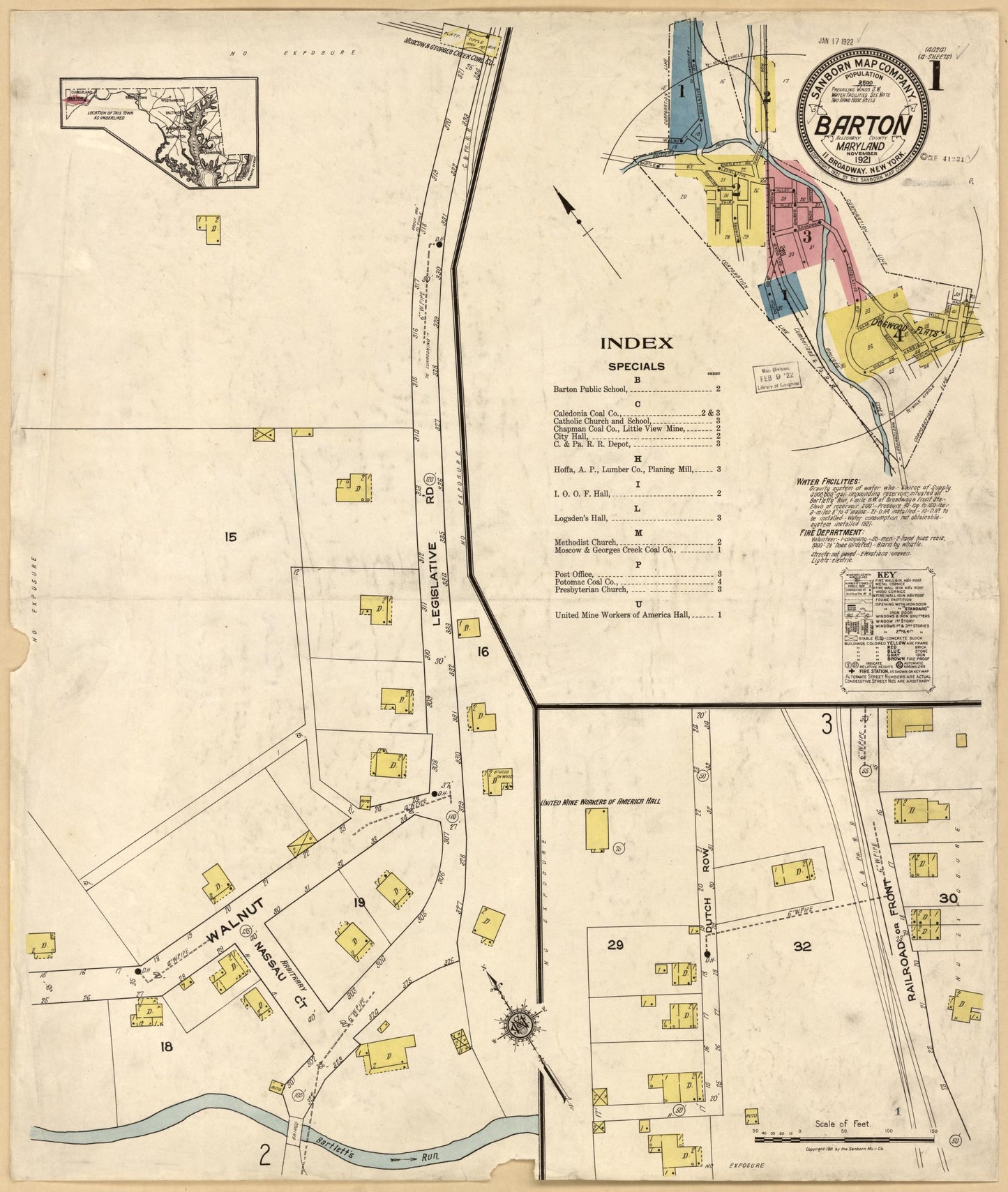Sanborn Fire Insurance Map from Barton, Allegany County, Maryland (1921), Sheet #0001 - Historic Sanborn Fire Insurance Map Print, vintage old map wall art, antique decor, genealogy gift, Maryland Maryland map