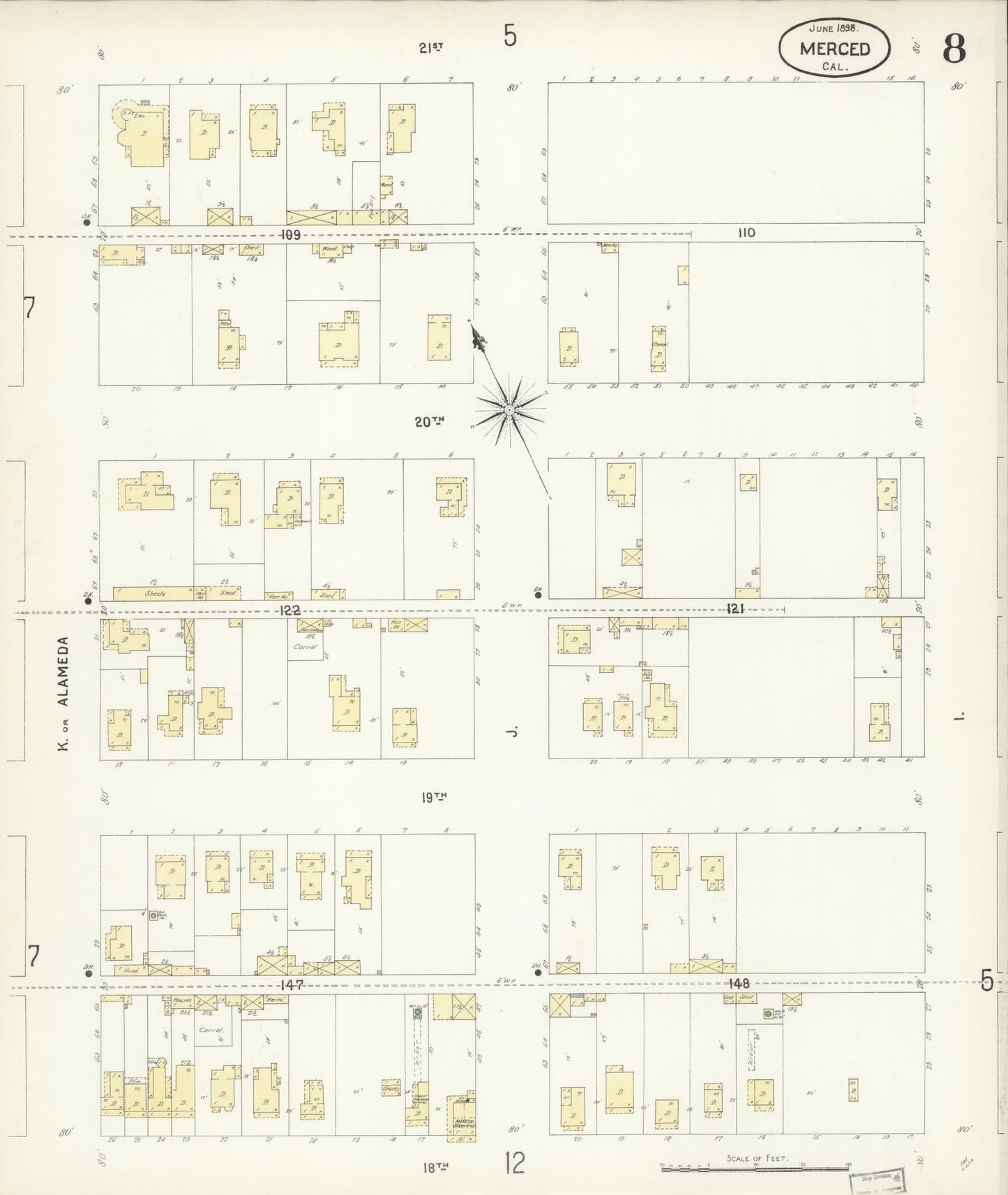 Sanborn Fire Insurance Map from Merced, Merced County, California (1898), Sheet #0008 - Historic Sanborn Fire Insurance Map Print, vintage old map wall art, antique decor, genealogy gift, California California map
