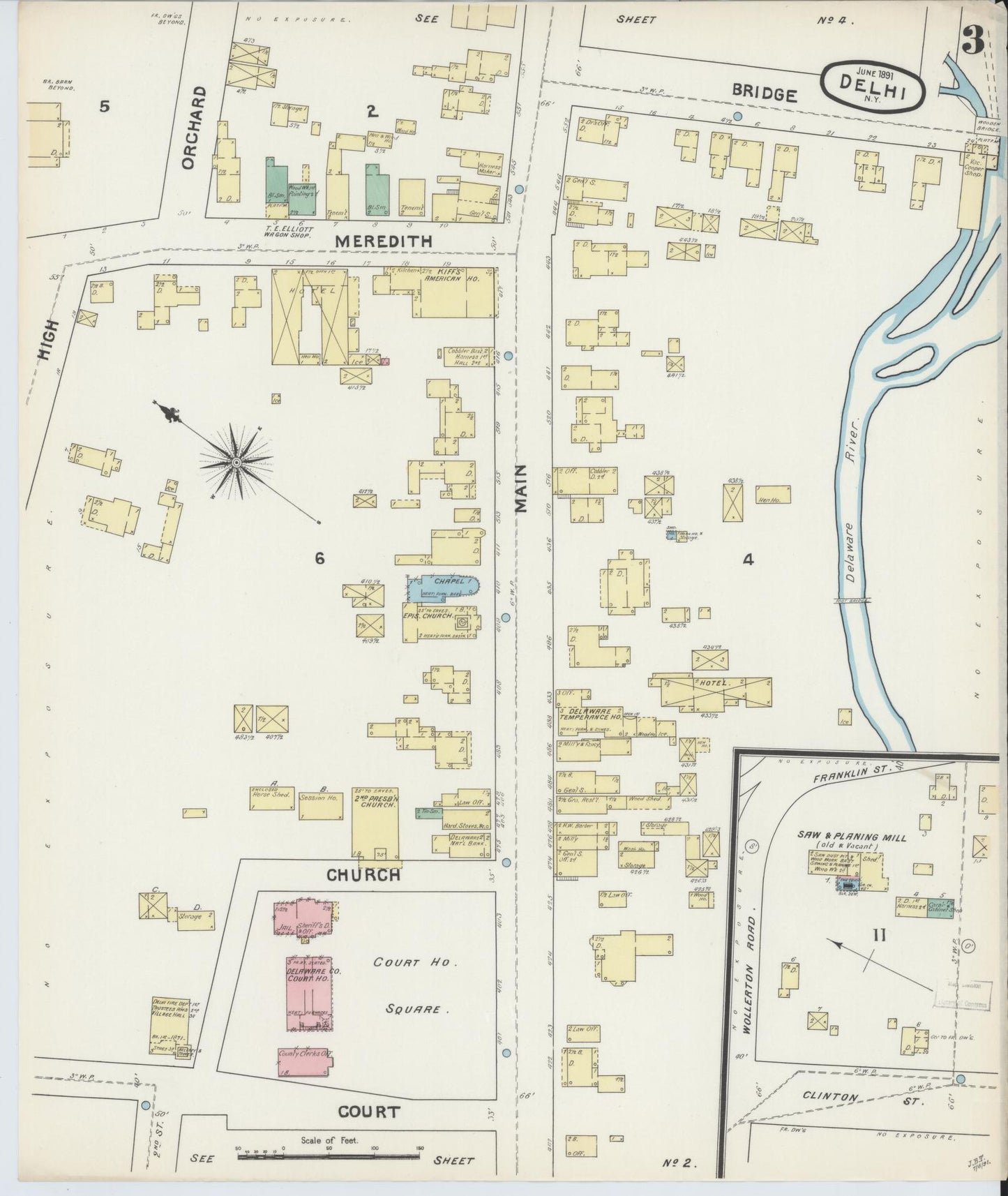 Sanborn Fire Insurance Map from Delhi, Delaware County, New York (1891), Sheet #0003 - Historic Sanborn Fire Insurance Map Print, vintage old map wall art, antique decor, genealogy gift, Delhi Delaware map