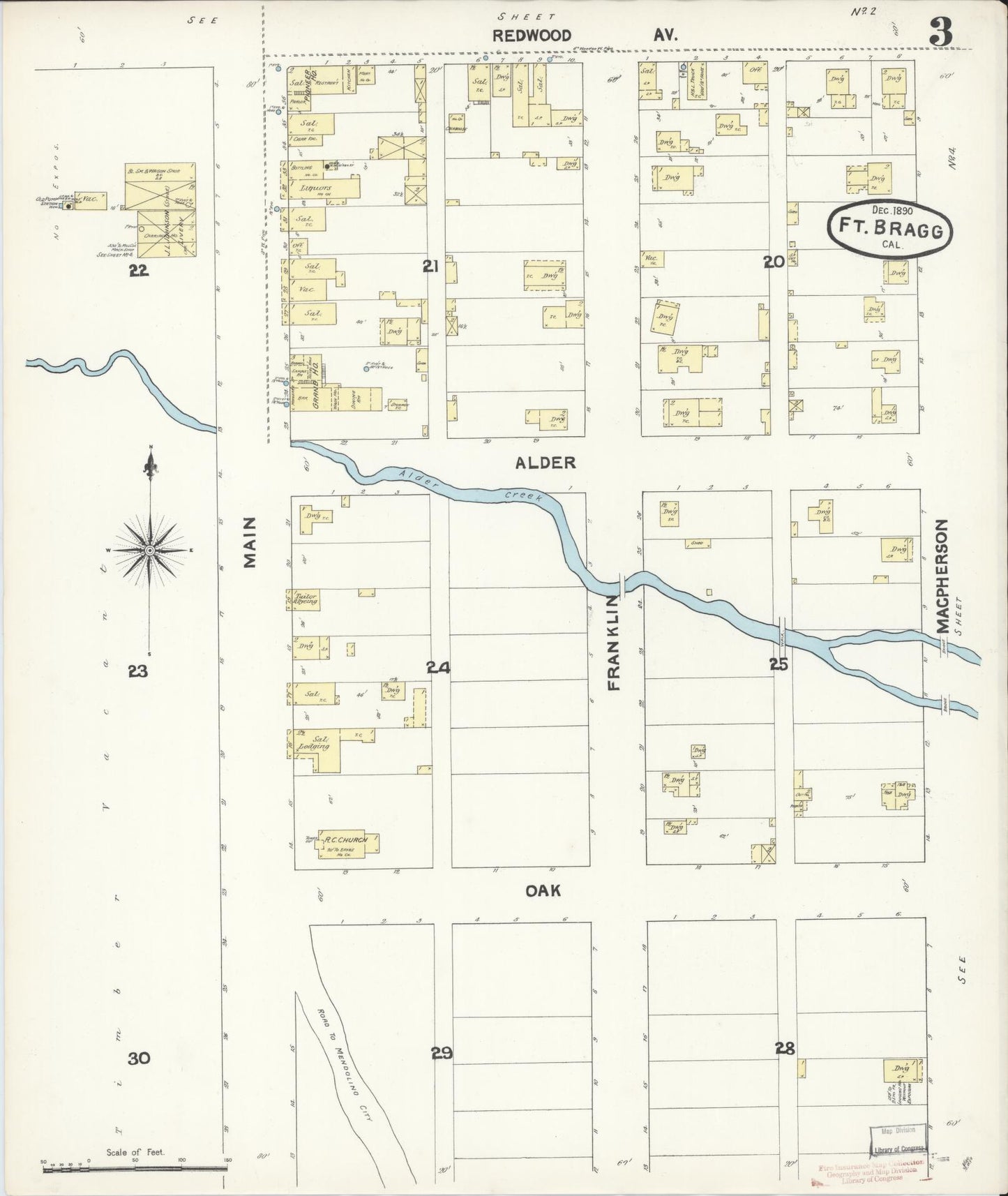 Sanborn Fire Insurance Map from Fort Bragg, Mendocino County, California (1890), Sheet #0003 - Historic Sanborn Fire Insurance Map Print, vintage old map wall art, antique decor, genealogy gift, California California map