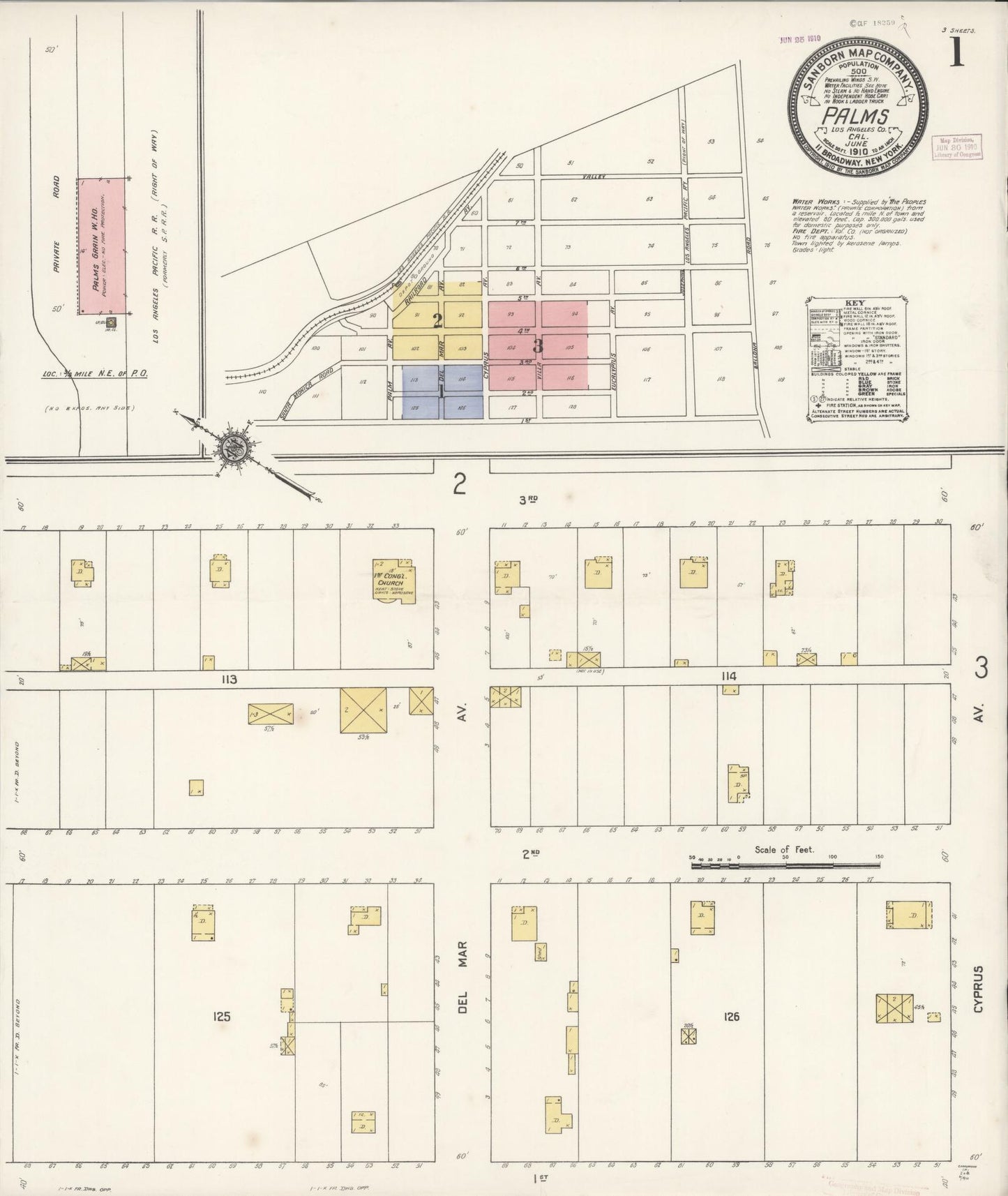 Sanborn Fire Insurance Map from Palms, Los Angeles County, California. (1910) – Historic Sanborn Fire Insurance Map Print