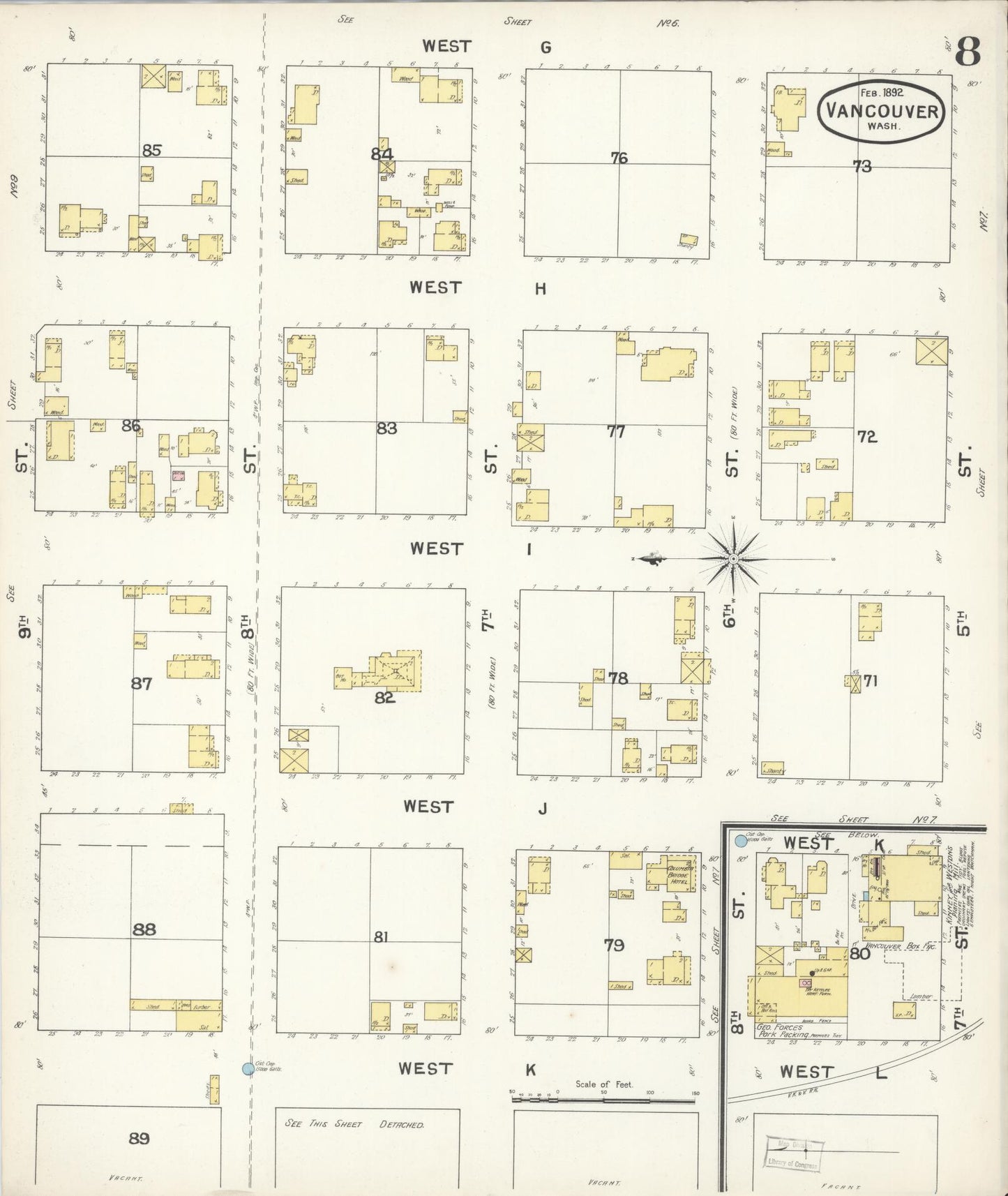 Sanborn Fire Insurance Map from Vancouver, Clark County, Washington (1892), Sheet #0008 - Historic Sanborn Fire Insurance Map Print, vintage old map wall art, antique decor, genealogy gift, Washington Washington map