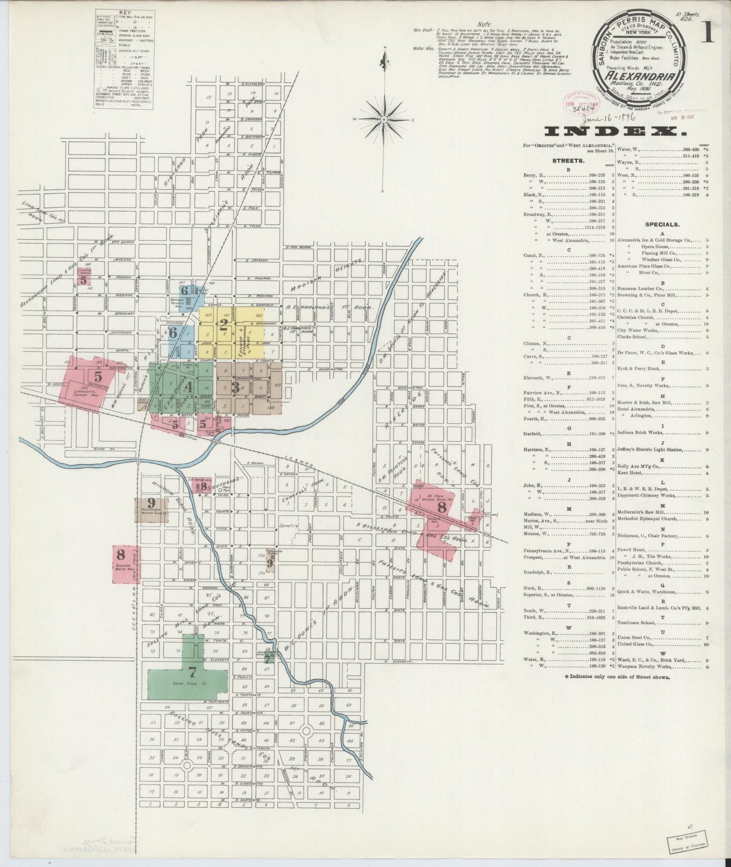 Sanborn Fire Insurance Map from Alexandria, Madison County, Indiana (1896), Sheet #0001 - Historic Sanborn Fire Insurance Map Print, vintage old map wall art, antique decor, genealogy gift, Indiana Indiana map
