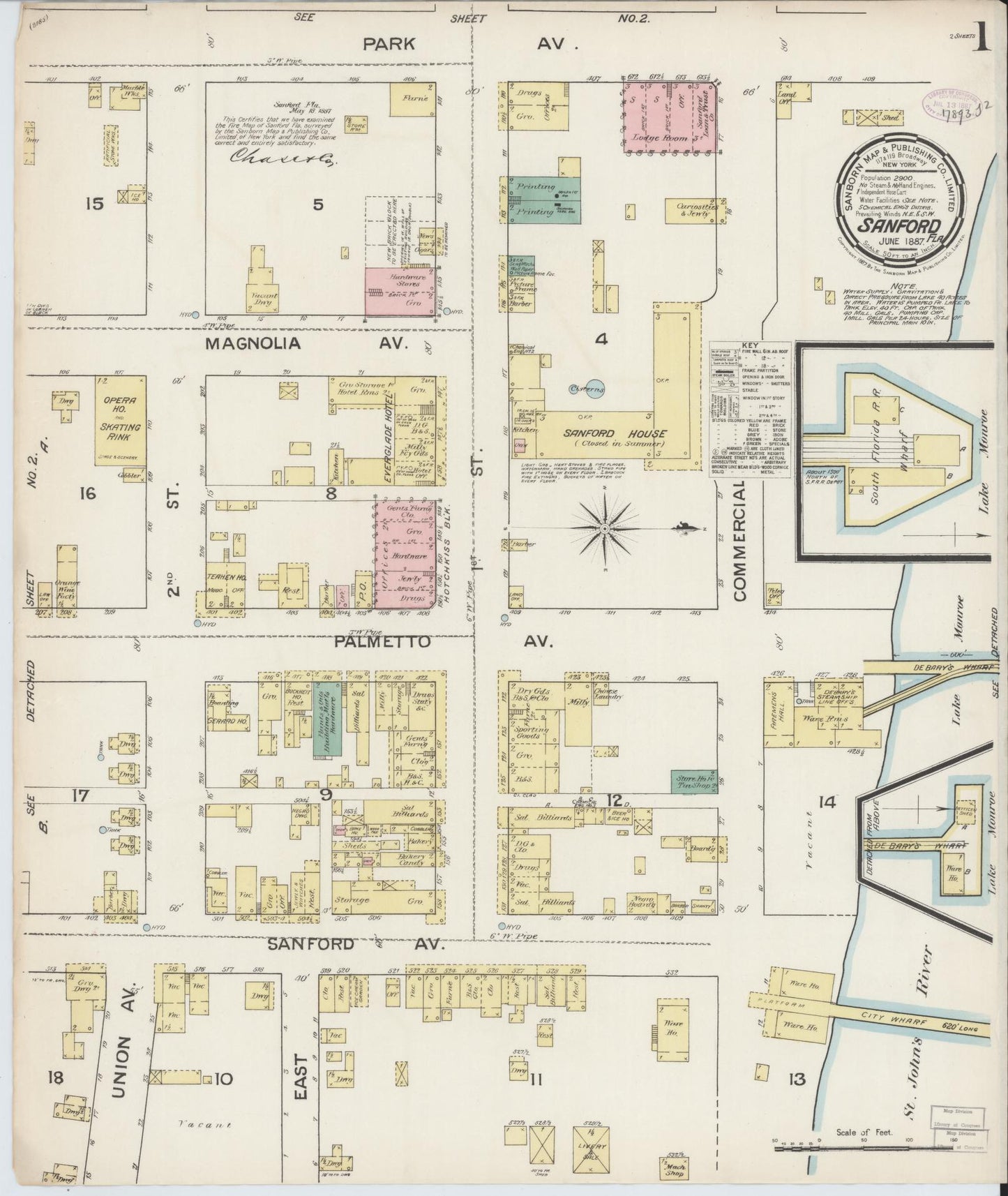 Sanborn Fire Insurance Map from Sanford, Seminole County, Florida (1887), Sheet #0001 - Historic Sanborn Fire Insurance Map Print, vintage old map wall art, antique decor, genealogy gift, Florida Florida map