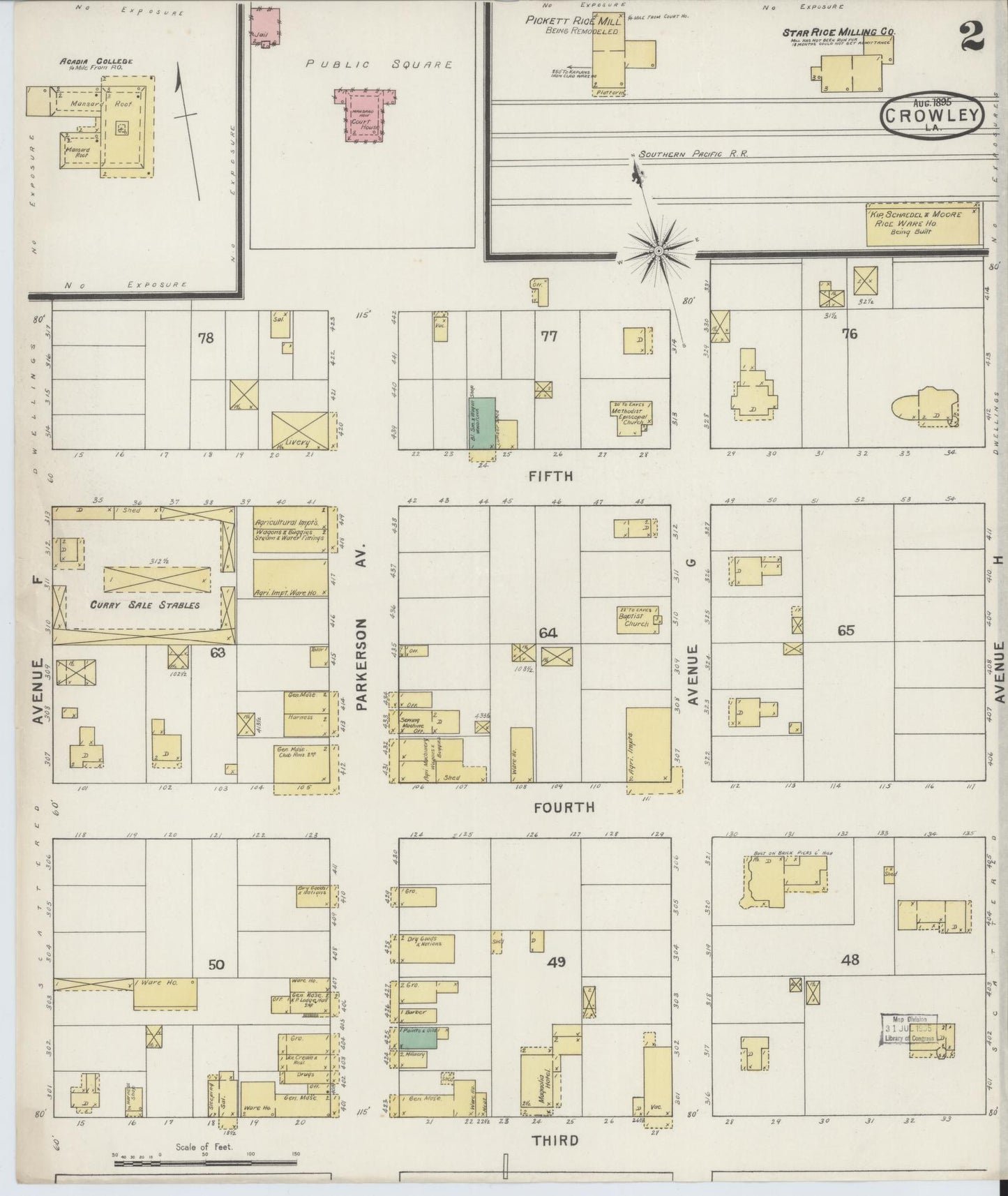 Sanborn Fire Insurance Map from Crowley, Acadia Parish, Louisiana (1895), Sheet #0002 - Historic Sanborn Fire Insurance Map Print, vintage old map wall art, antique decor, genealogy gift, Louisiana Louisiana map