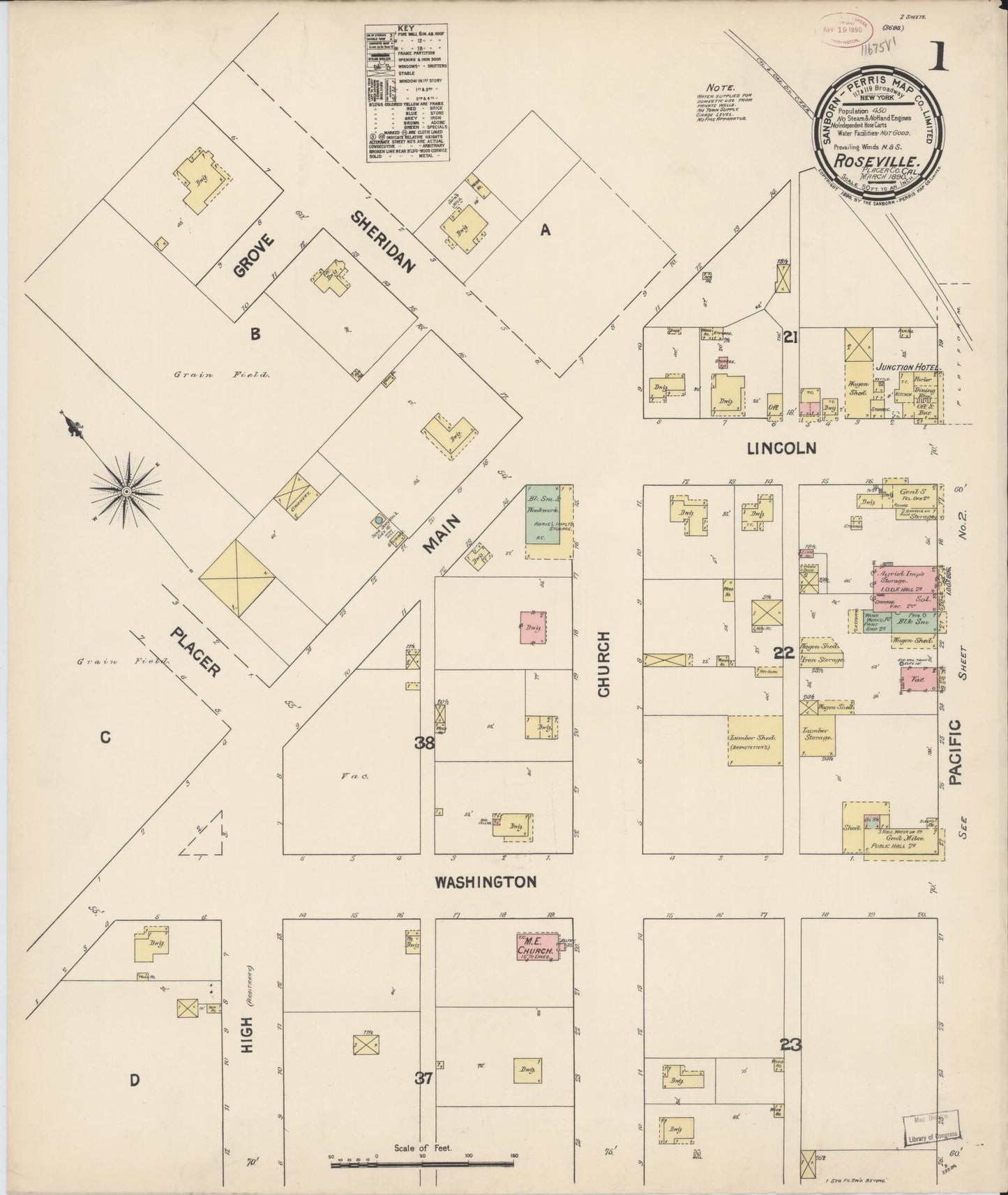 Sanborn Fire Insurance Map from Roseville, Placer County, California. (1890) – Historic Sanborn Fire Insurance Map Print