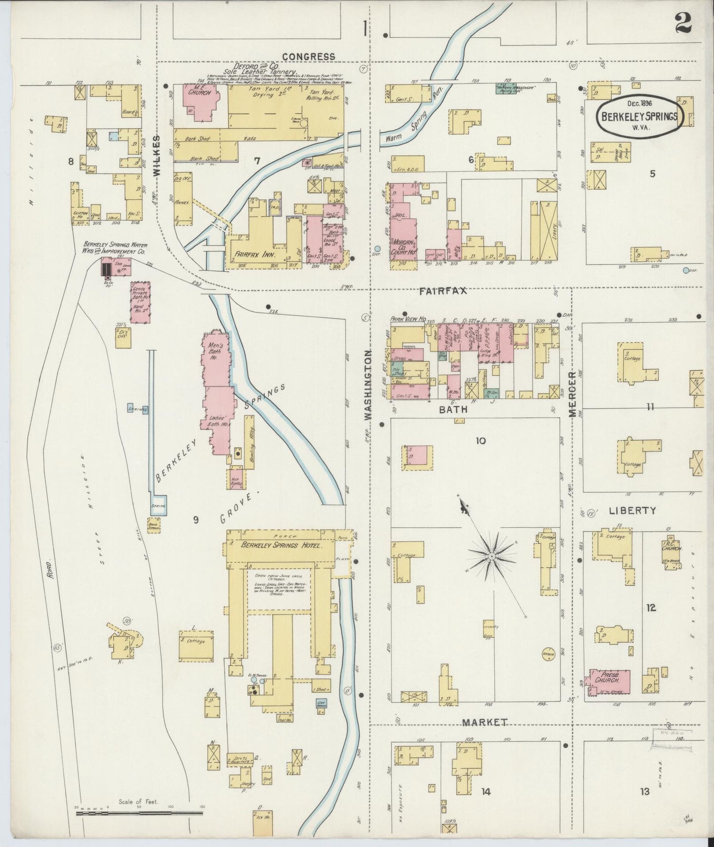 Sanborn Fire Insurance Map from Berkeley Springs, Morgan County, West Virginia (1896), Sheet #0002 - Historic Sanborn Fire Insurance Map Print, vintage old map wall art, antique decor, genealogy gift, West Virginia West Virginia map
