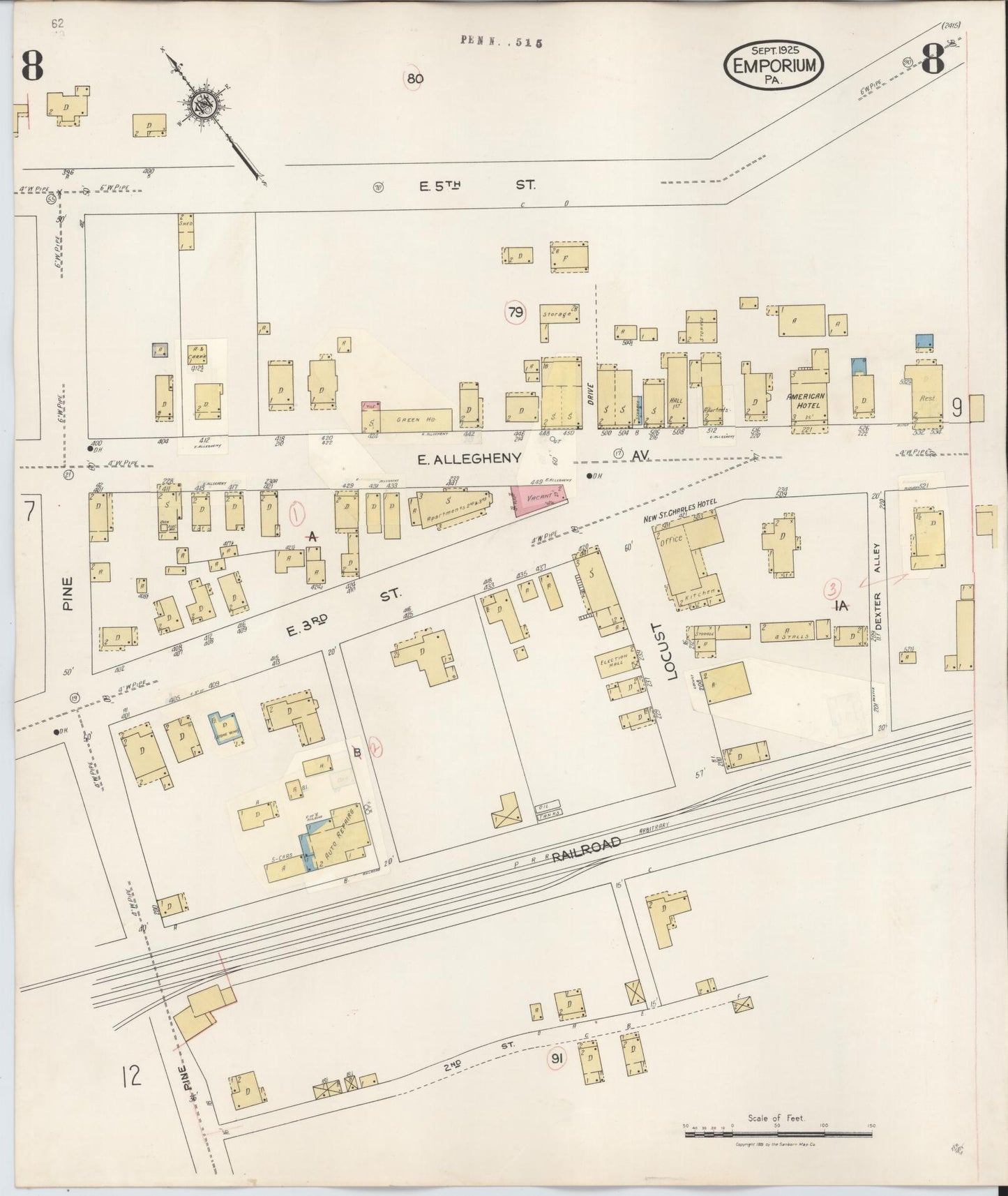 Sanborn Fire Insurance Map from Emporium, Cameron County, Pennsylvania (1938), Sheet #0008 - Historic Sanborn Fire Insurance Map Print, vintage old map wall art, antique decor, genealogy gift, Pennsylvania Pennsylvania map