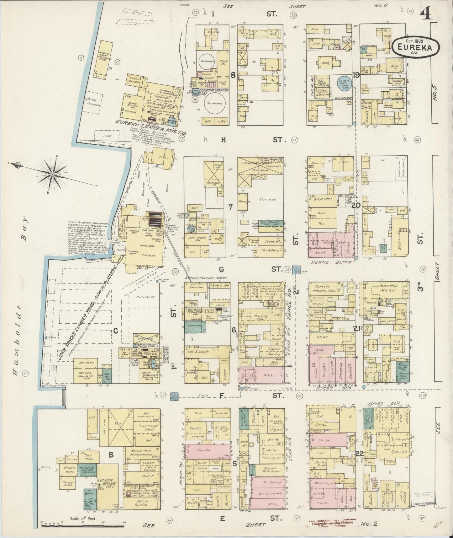 Sanborn Fire Insurance Map from Eureka, Humboldt County, California (1889), Sheet #0004 - Historic Sanborn Fire Insurance Map Print, vintage old map wall art, antique decor, genealogy gift, California California map