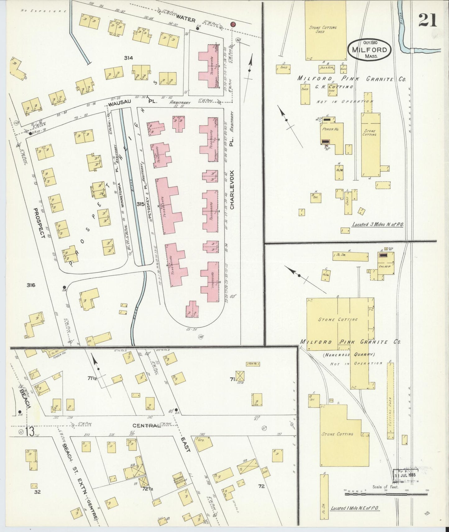 Sanborn Fire Insurance Map from Milford, Worcester County, Massachusetts (1910), Sheet #0021 - Historic Sanborn Fire Insurance Map Print, vintage old map wall art, antique decor, genealogy gift, Massachusetts Massachusetts map