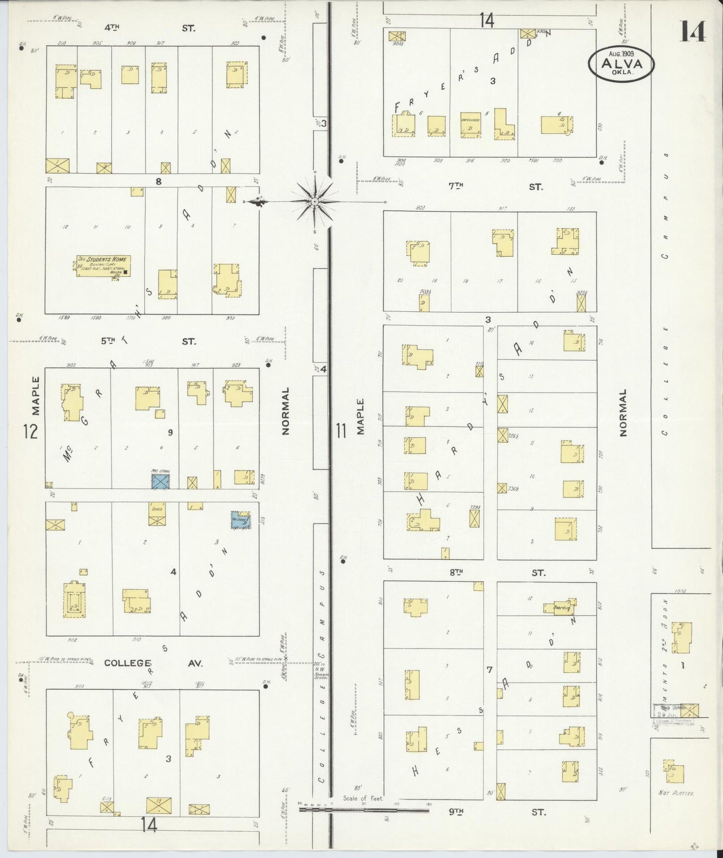 Sanborn Fire Insurance Map from Alva, Woods County, Oklahoma (1909), Sheet #0014 - Complete Map Set gallery image, historic Sanborn map, vintage wall art, Oklahoma Oklahoma