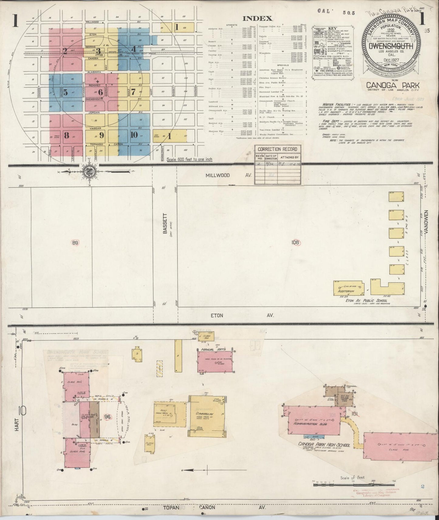 Sanborn Fire Insurance Map from Canoga Park, Los Angeles County, California (1932), Sheet #0001 - Historic Sanborn Fire Insurance Map Print, vintage old map wall art, antique decor, genealogy gift, California California map
