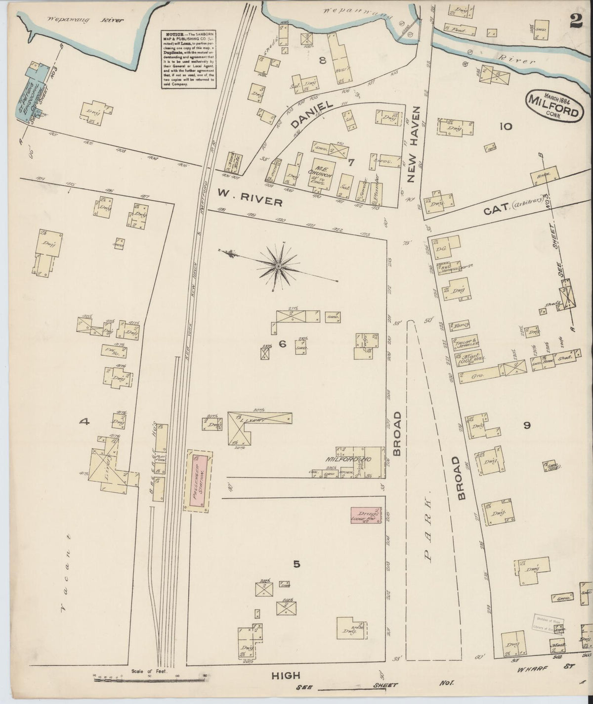 Sanborn Fire Insurance Map from Milford, New Haven County, Connecticut (1884), Sheet #0002 - Historic Sanborn Fire Insurance Map Print, vintage old map wall art, antique decor, genealogy gift, Connecticut Connecticut map